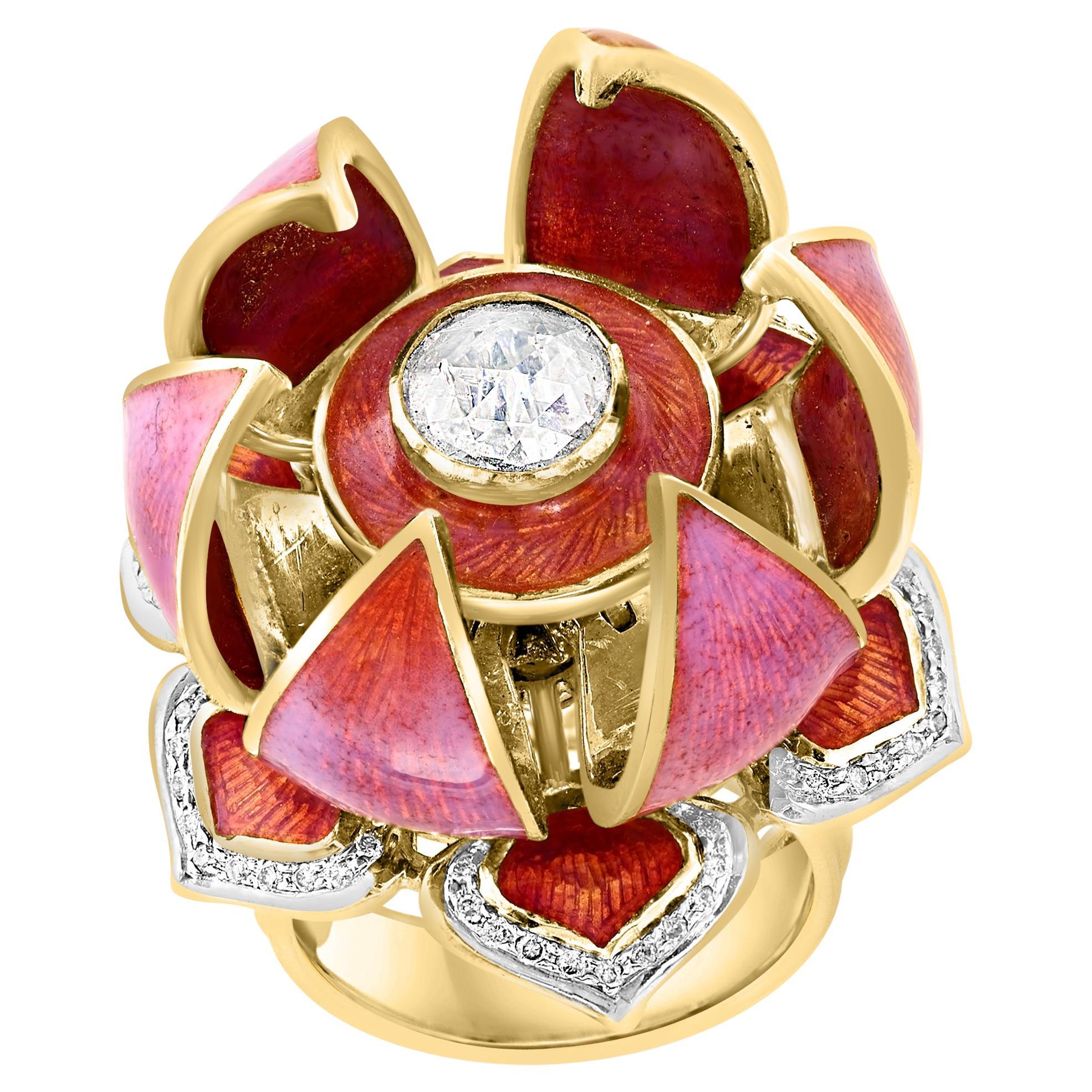 Gorgeous Lotus Flower which open & Close with solitaire Diamond and Enamel S 6.5 For Sale