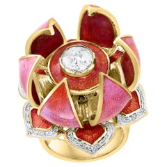 Gorgeous Lotus Flower which open & Close with solitaire Diamond and Enamel S 6.5