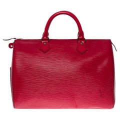 Magnifique sac à main Louis Vuitton Speedy 30 en cuir épi rouge et métal doré