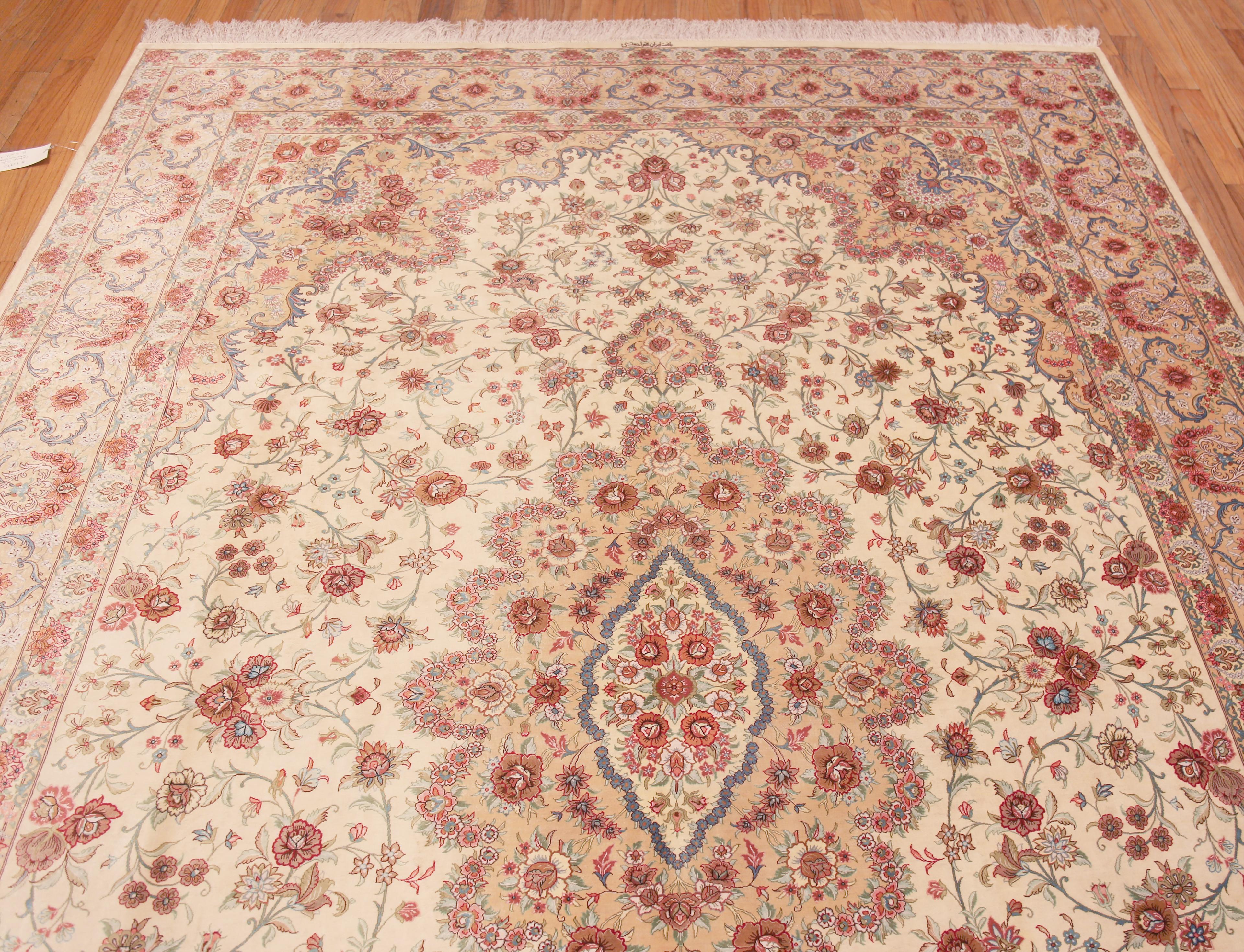 Gorgeous Fine Luxurious Floral Room Size Vintage Persian Silk Qum Rug, country of origin: Persian Rugs, Circa date: Vintage 