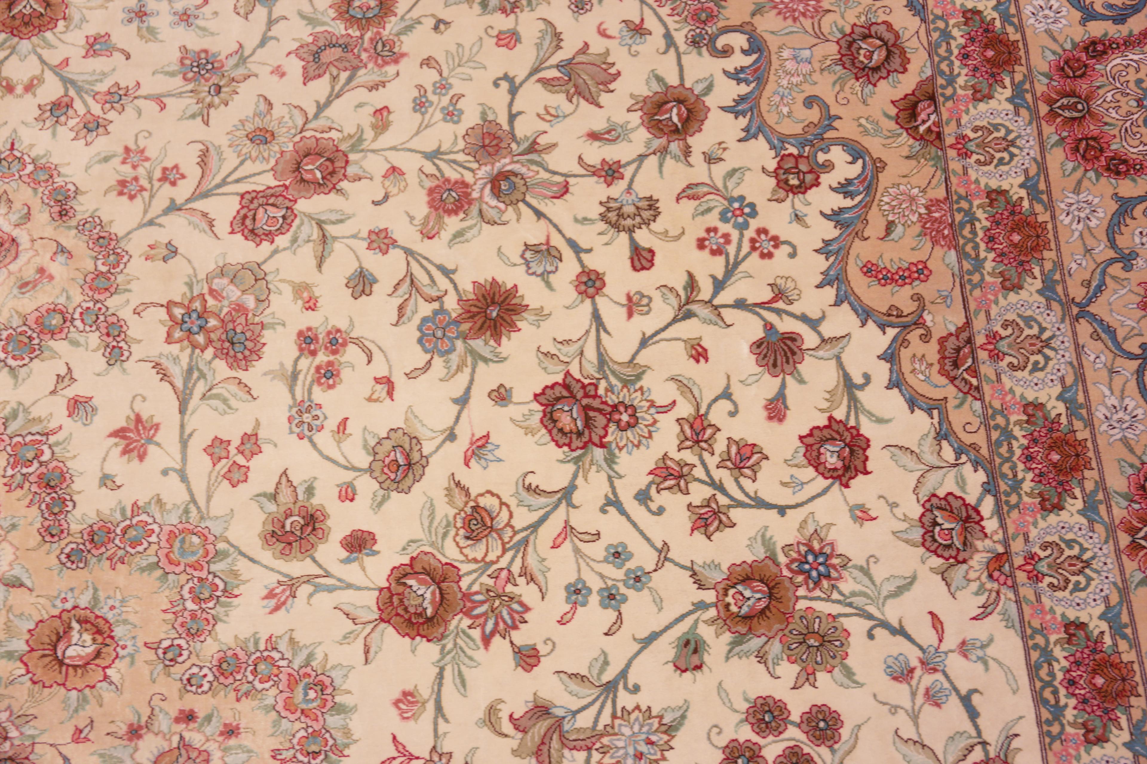 Gorgeous Luxurious Floral Room Size Vintage Persian Silk Qum Rug 8'2