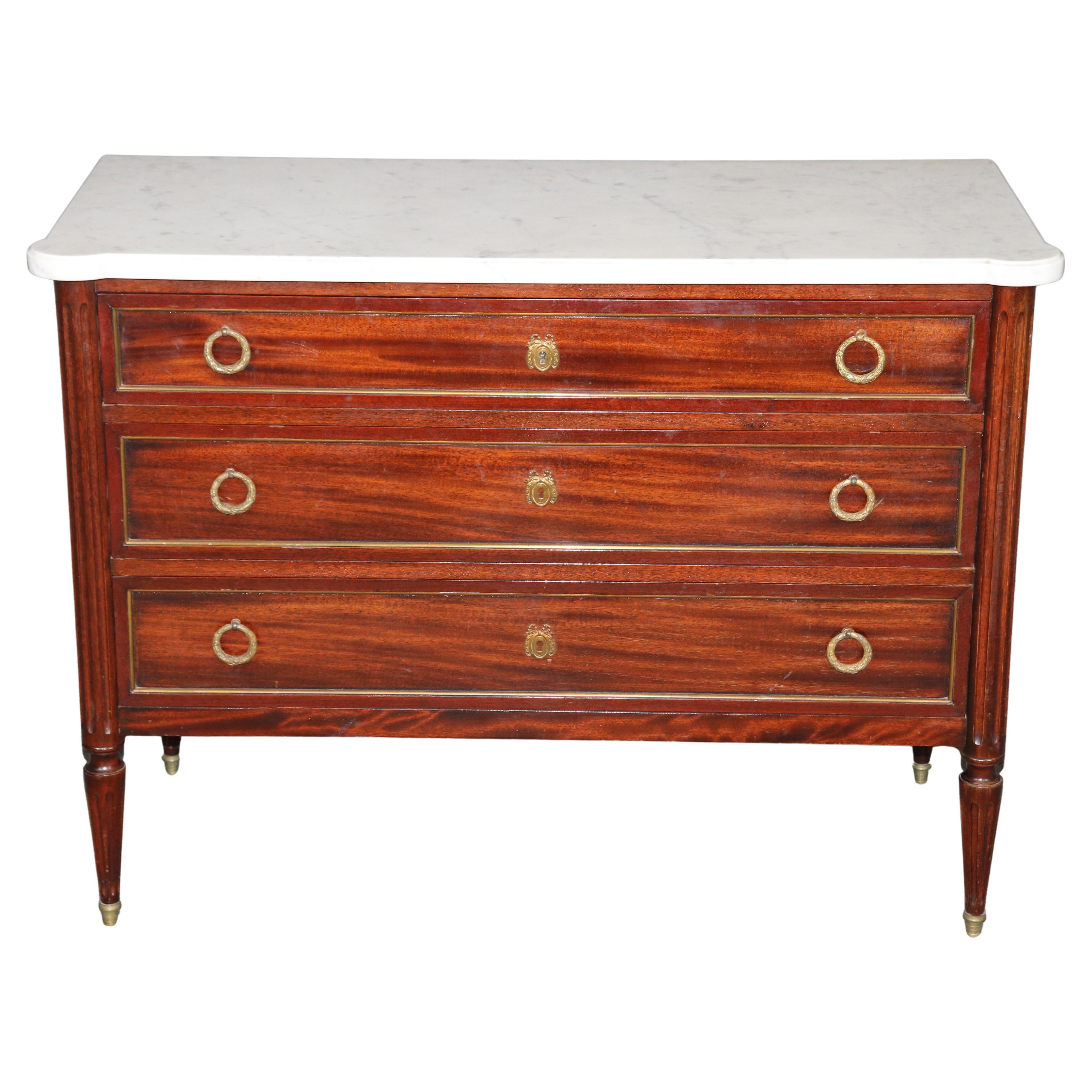 French Louis XVI Directoire Style Brass Mounted White Marble Top Commode For Sale