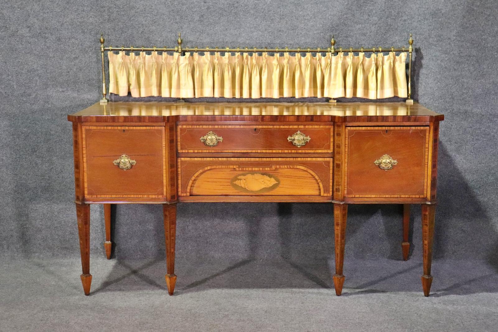 Early 20th Century Gorgeous Mahogany Sheraton English Sideboard with Cellarette and Brass Gallery