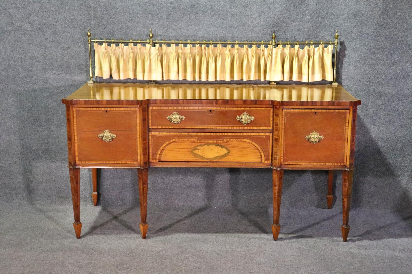 Gorgeous Mahogany Sheraton English Sideboard with Cellarette and Brass Gallery 1