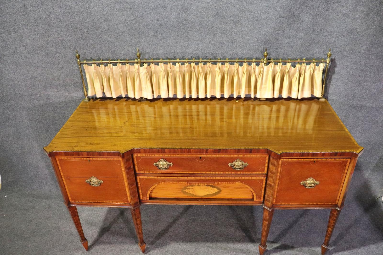 Gorgeous Mahogany Sheraton English Sideboard with Cellarette and Brass Gallery 2