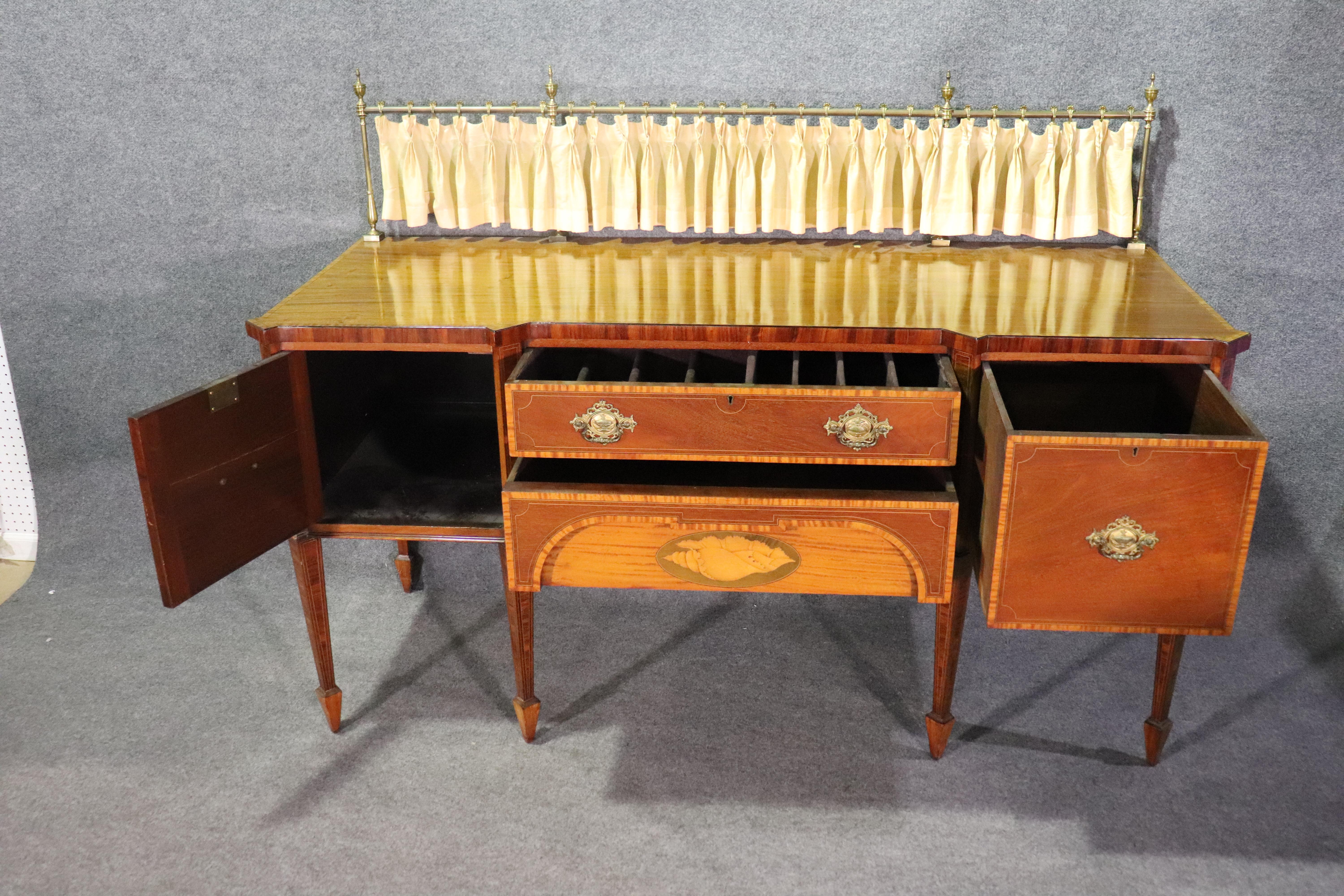 Gorgeous Mahogany Sheraton English Sideboard with Cellarette and Brass Gallery 5