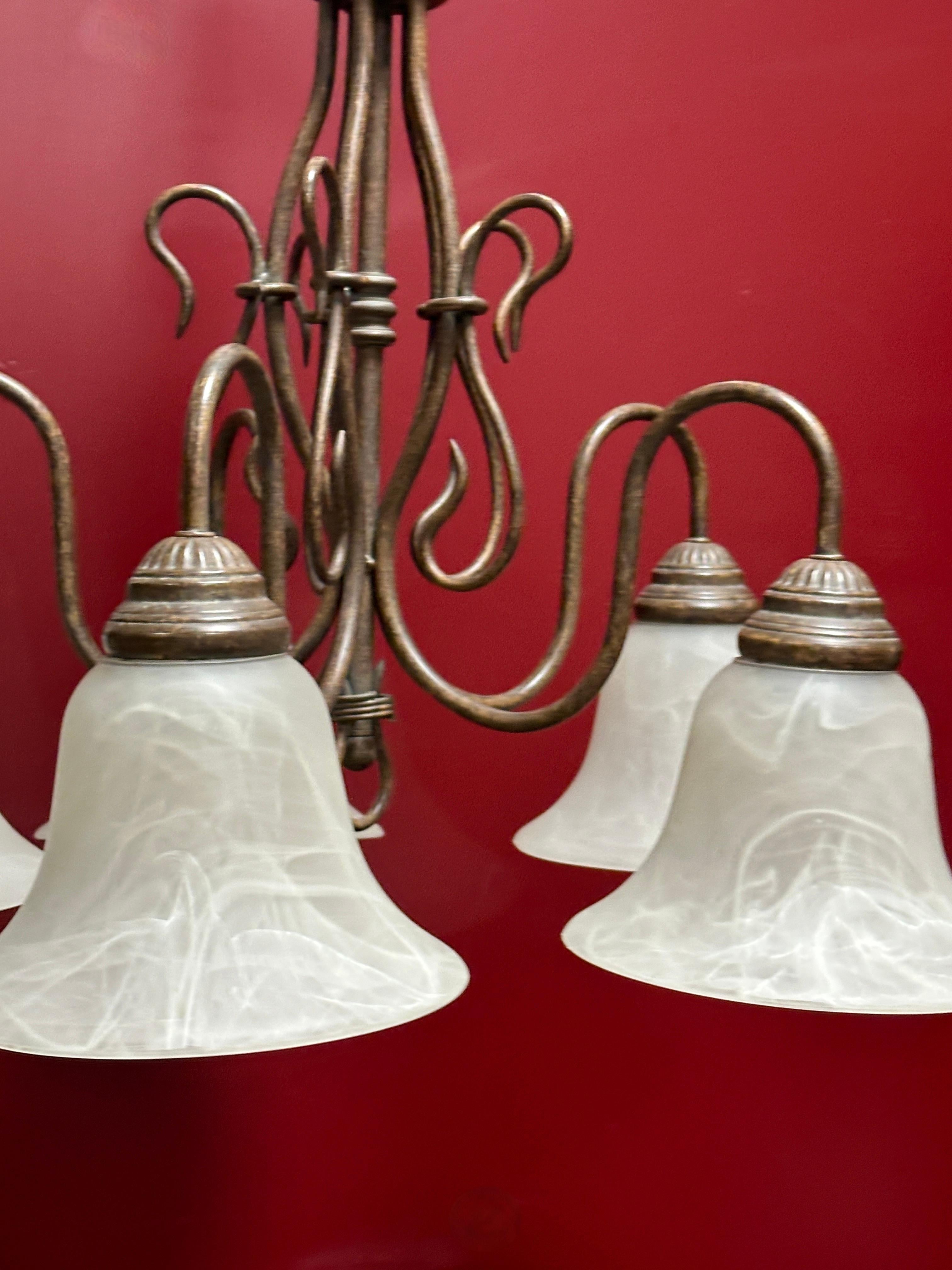 Gorgeous Metal and Glas Shade Five Light Chandelier, Farm House Style 1980s For Sale 4