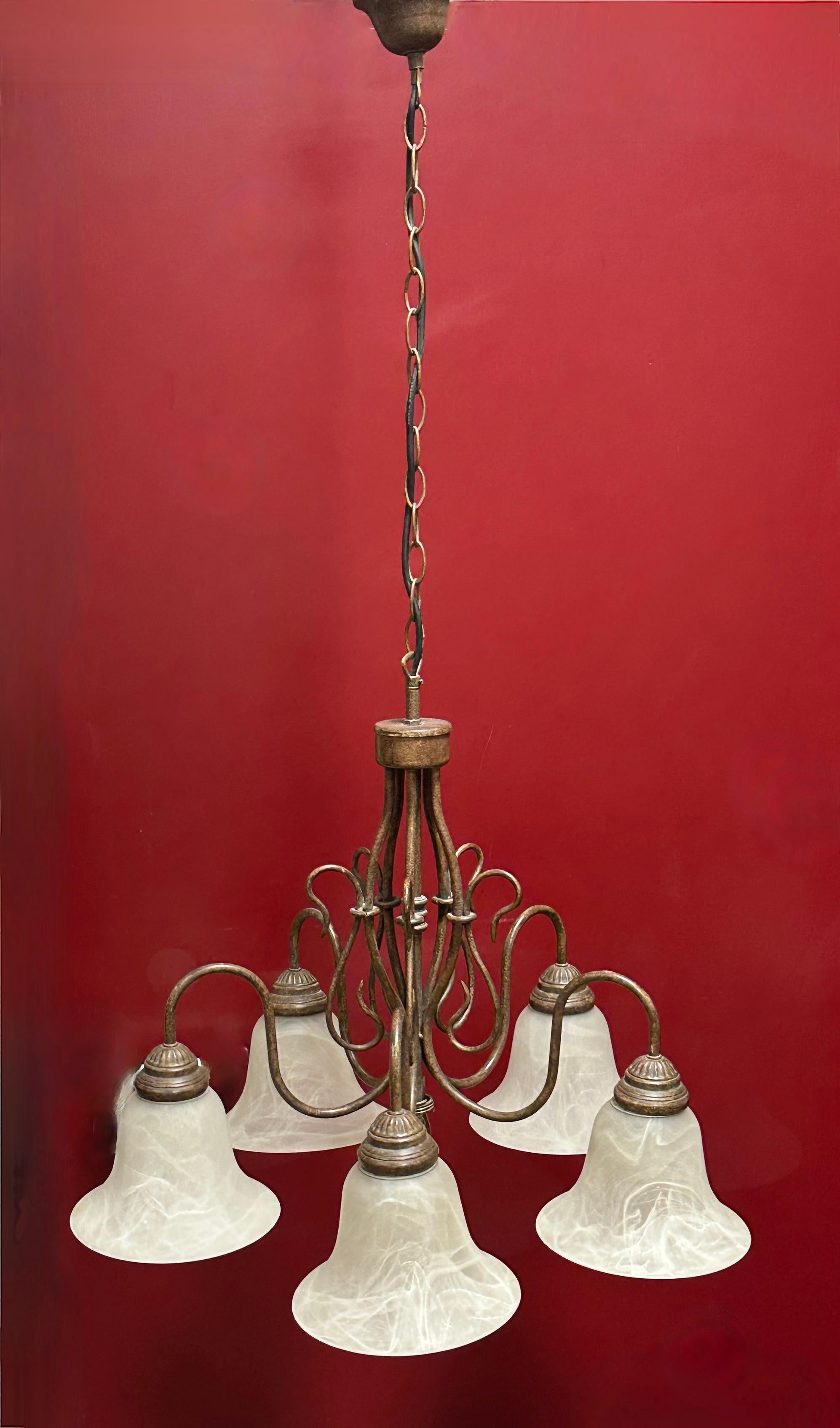 Petite Farmhouse style five-light chandelier. Functions as is with 5 E27 / 110 Volt light bulbs. Can take up to 60 Watts each bulb. Beautiful metal five arm chandelier with glass shades. Cain and Canopy approx. 24 inches in length. Colors are a