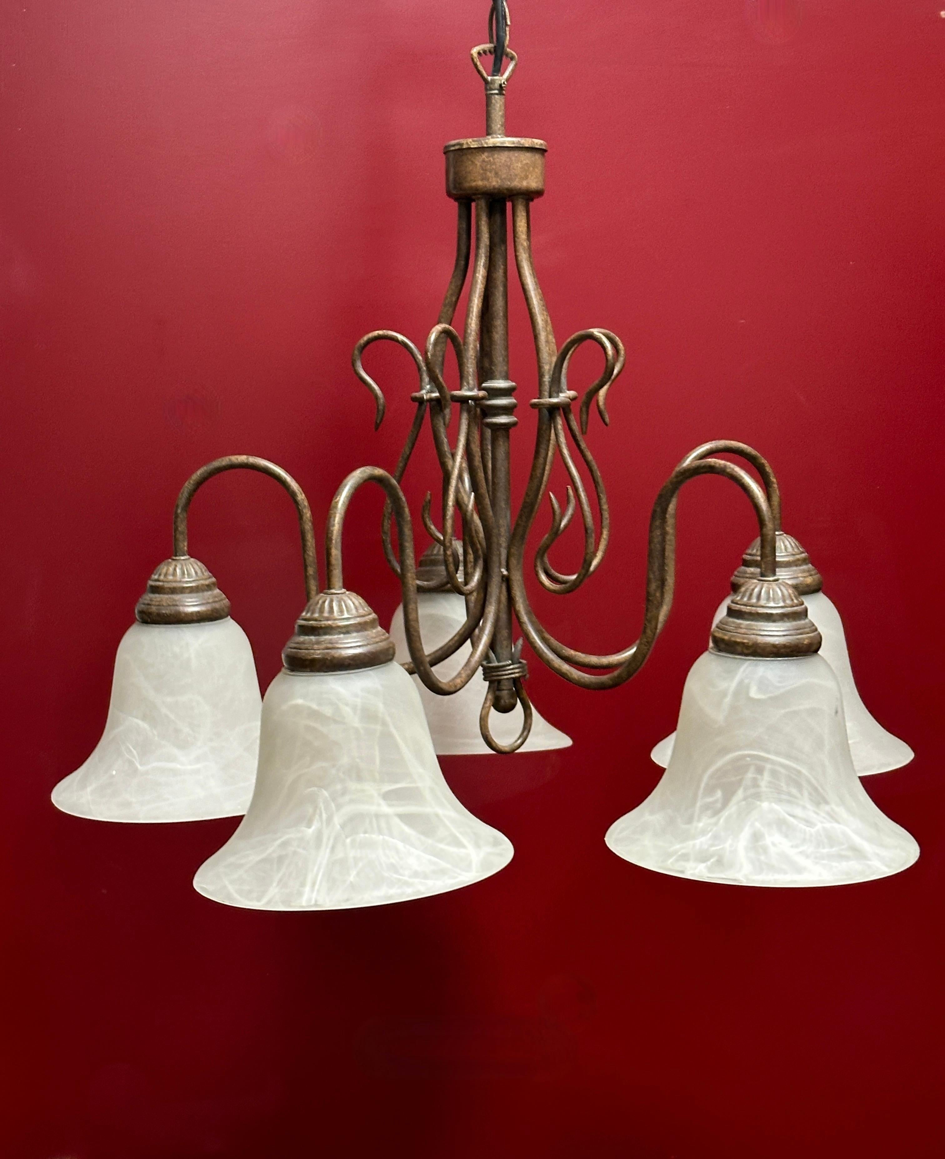 Gorgeous Metal and Glas Shade Five Light Chandelier, Farm House Style 1980s In Good Condition For Sale In Nuernberg, DE