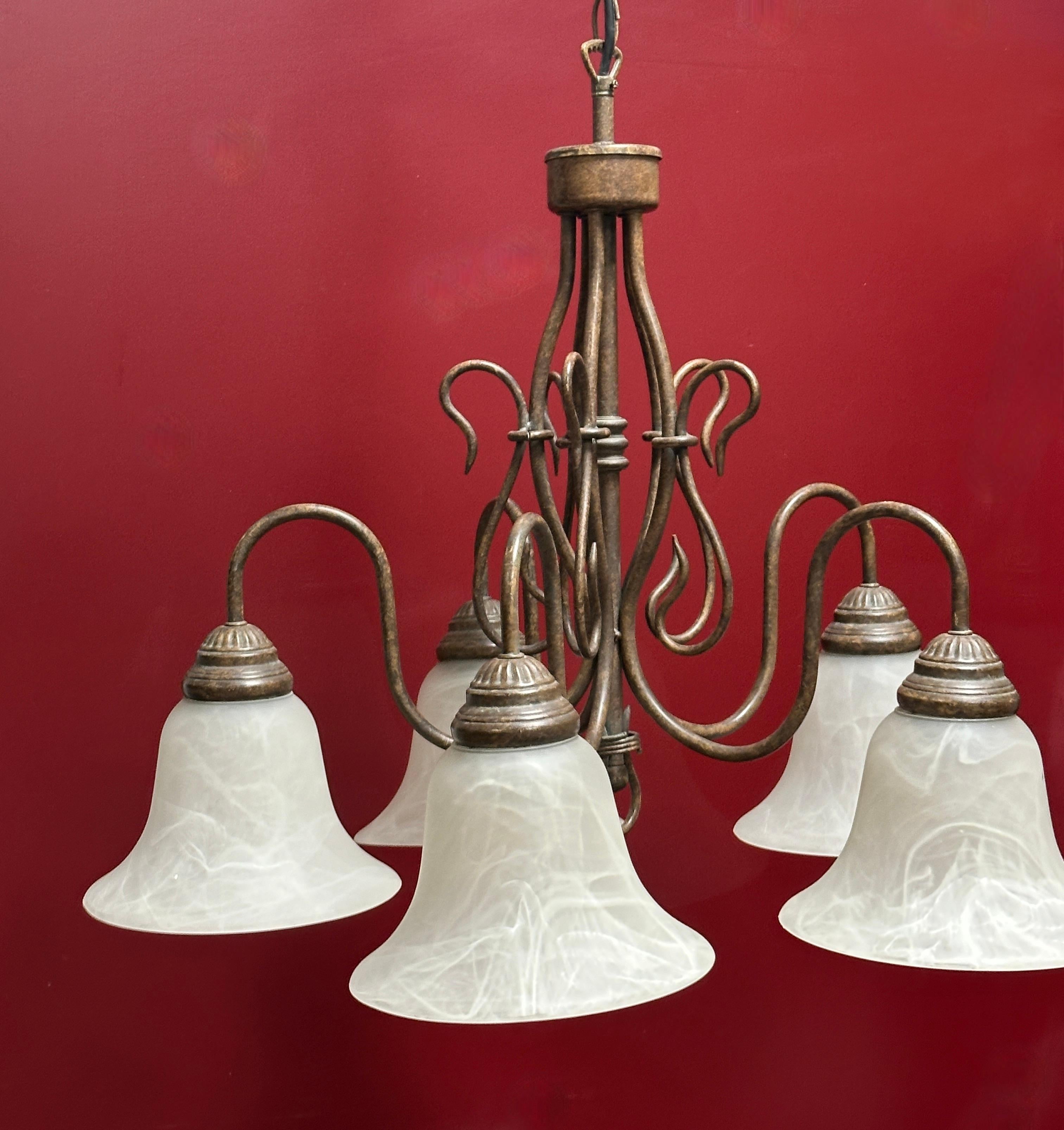 Gorgeous Metal and Glas Shade Five Light Chandelier, Farm House Style 1980s For Sale 1