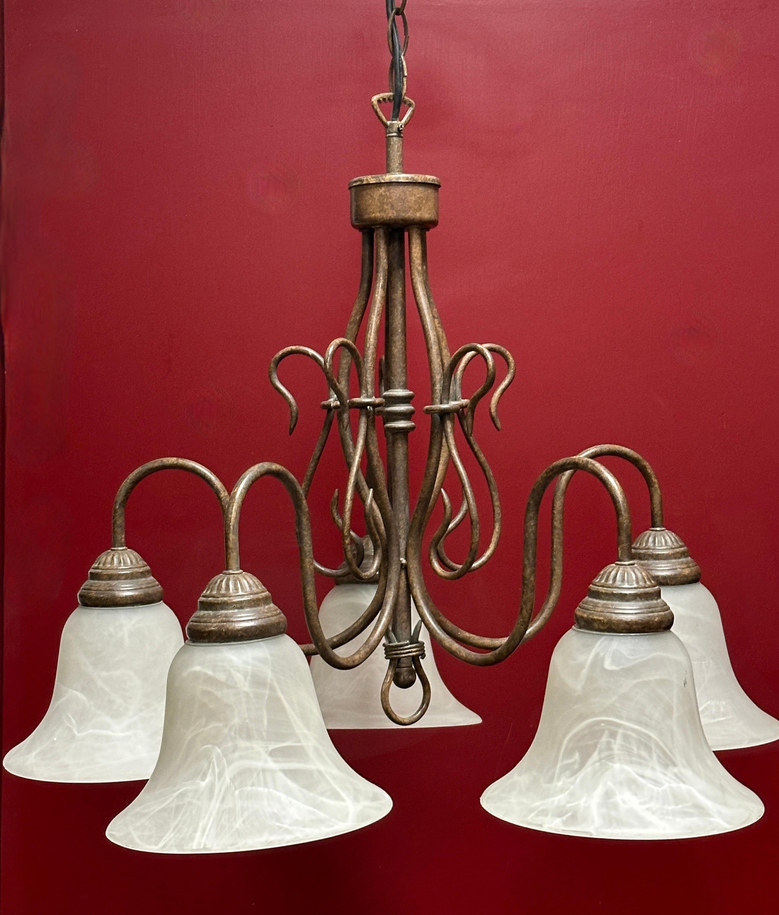 Gorgeous Metal and Glas Shade Five Light Chandelier, Farm House Style 1980s For Sale 2