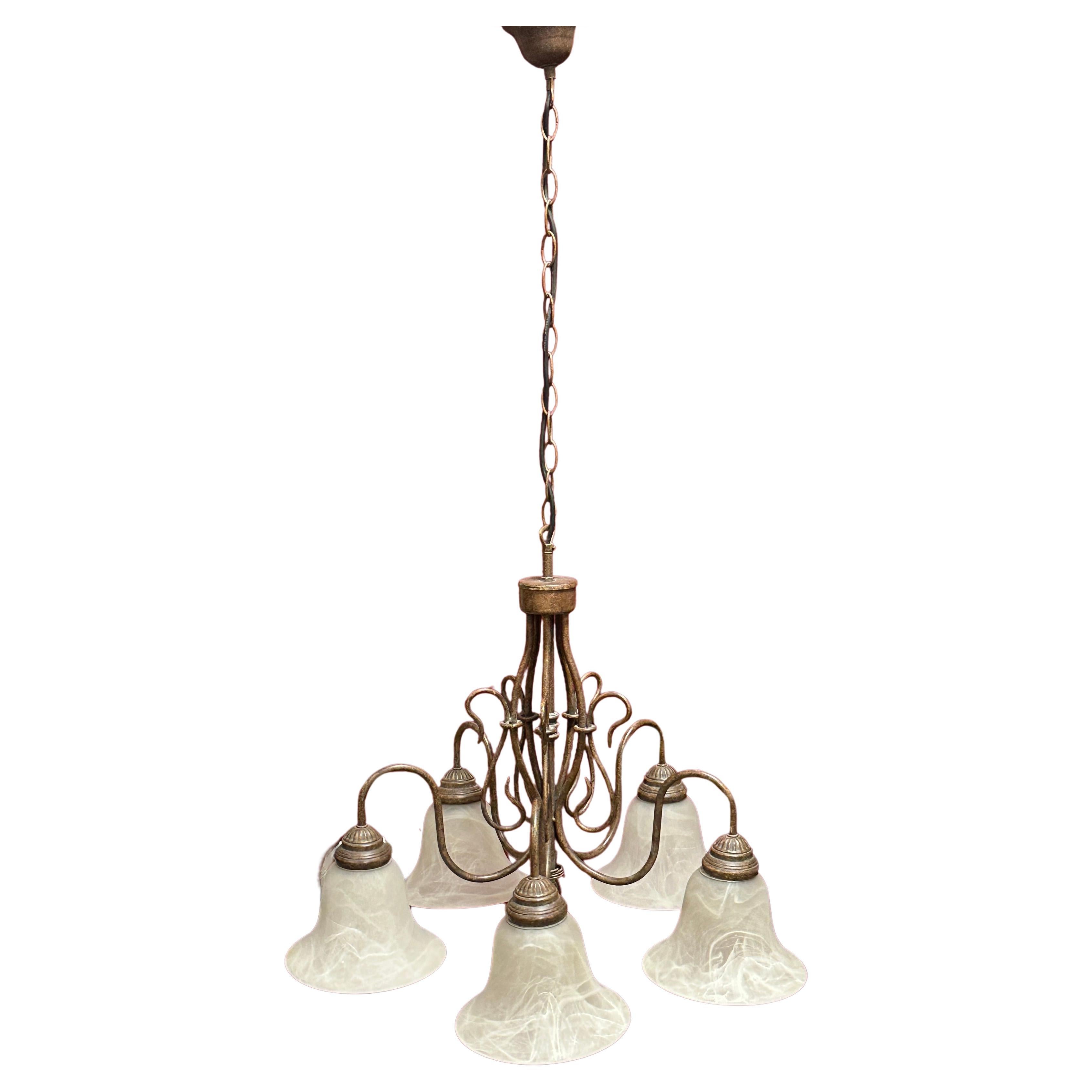 Gorgeous Metal and Glas Shade Five Light Chandelier, Farm House Style 1980s For Sale