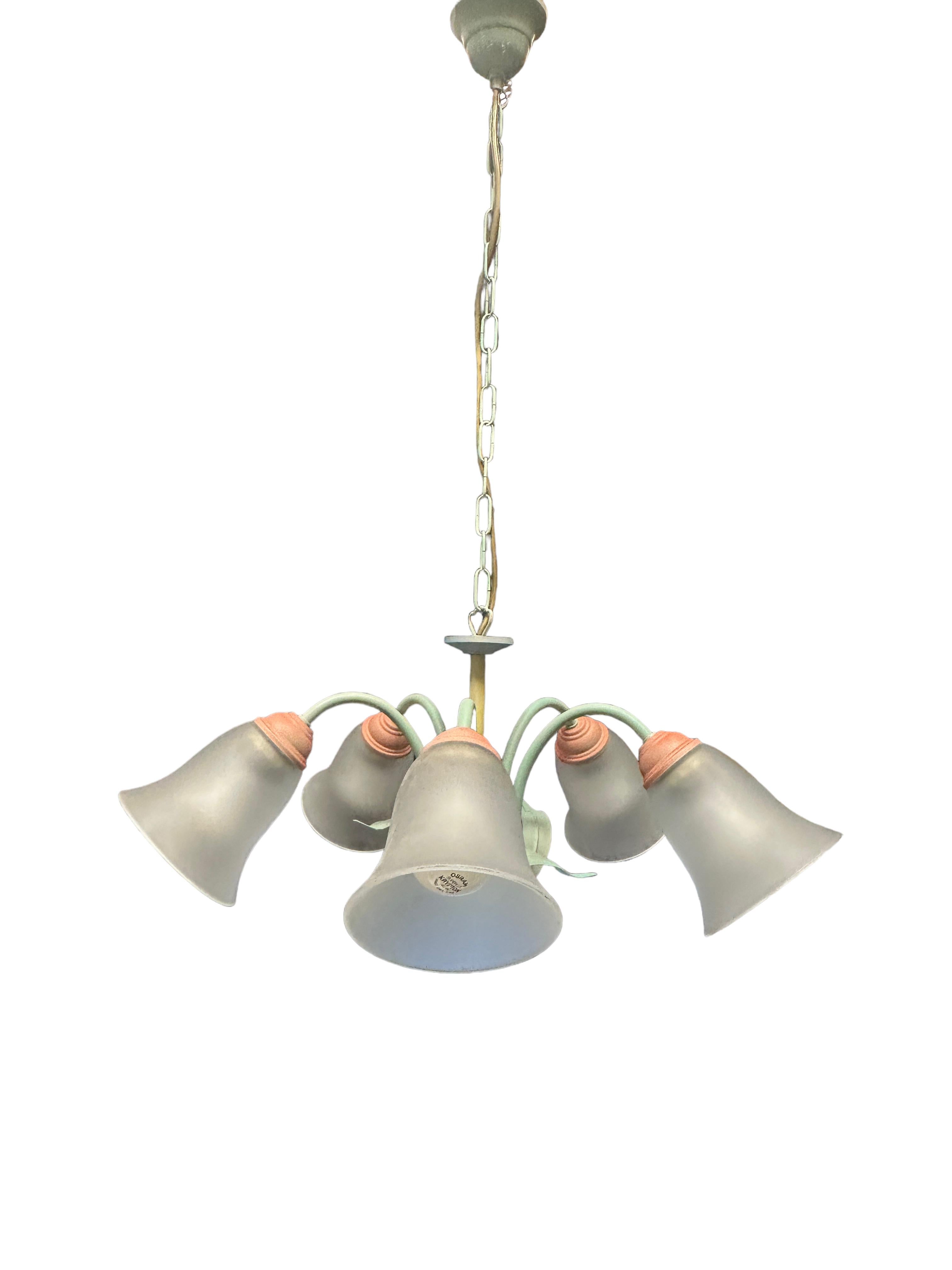 Petite Florentine style five-light chandelier. Functions as is with five E27 / 110 Volt light bulbs. Can take up to 60 Watts each bulb. Beautiful metal chandelier with flower glass shades. Colors are a light green and a apricot red. It gives a very