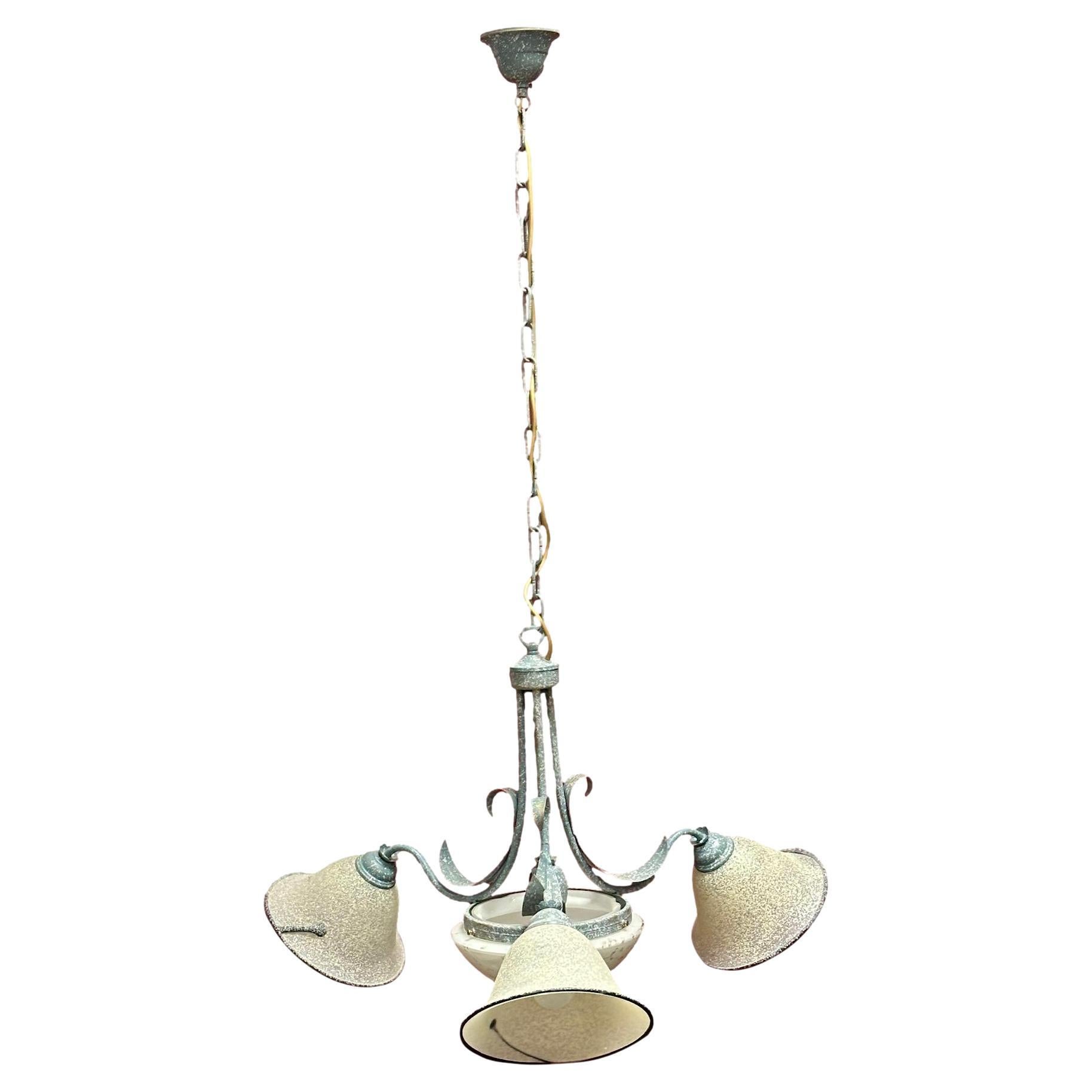 Gorgeous Metal and Glas Shade four Light Chandelier, Florentine Style 1980s For Sale