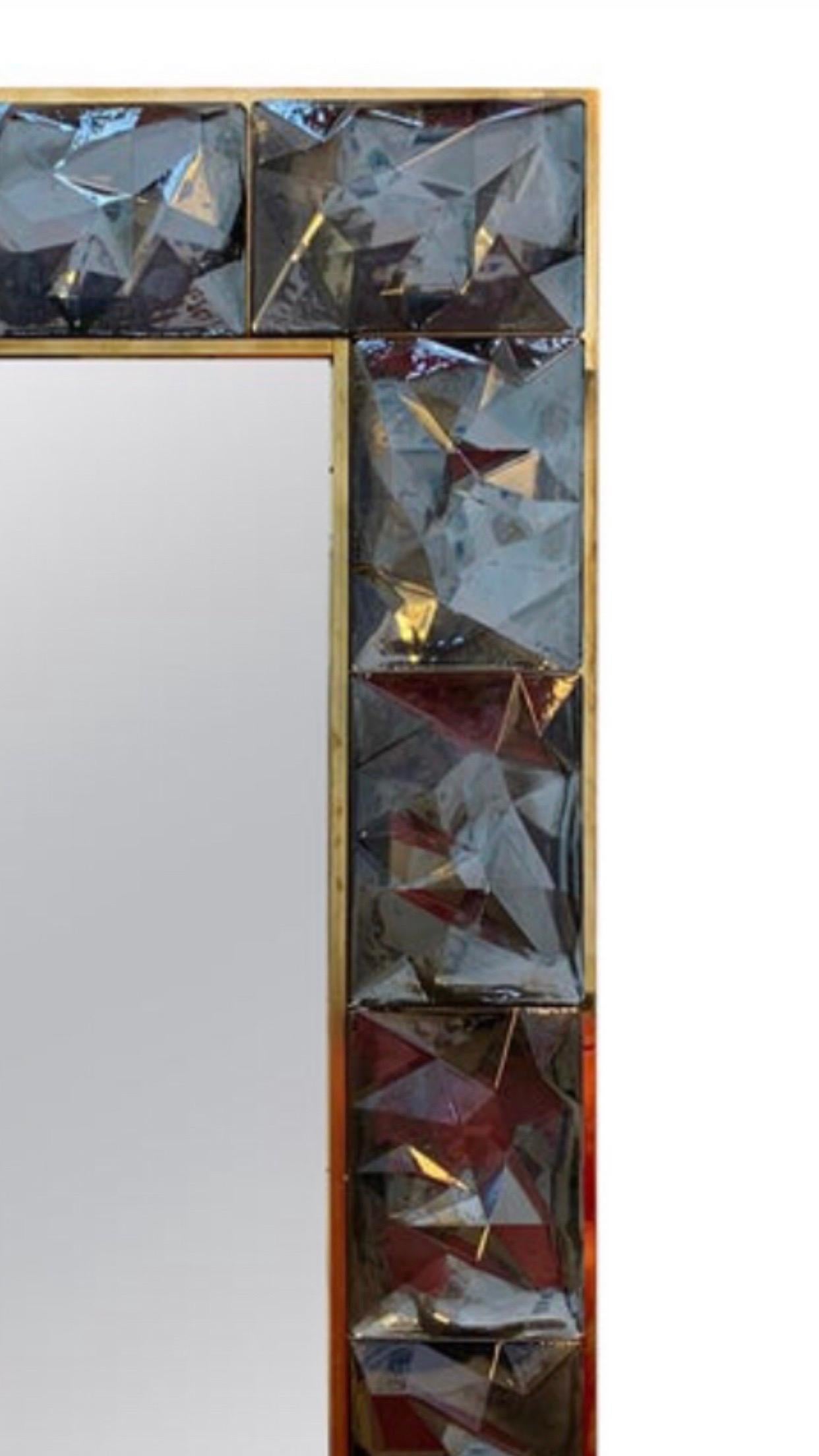 Mid-Century Modern Gorgeous Metal Grey Murano Glass and Brass Mirror, Italy