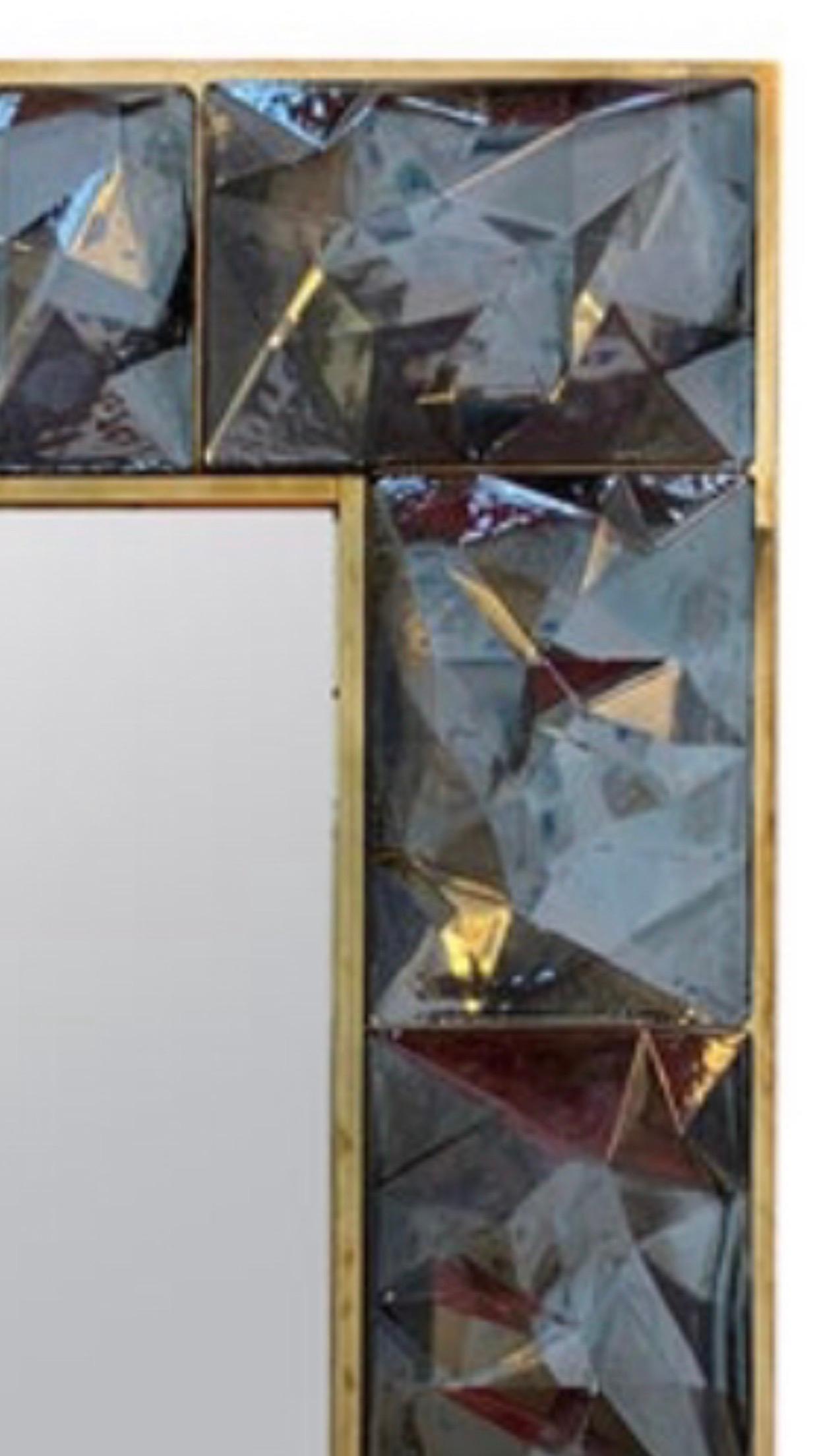 20th Century Gorgeous Metal Grey Murano Glass and Brass Mirror, Italy