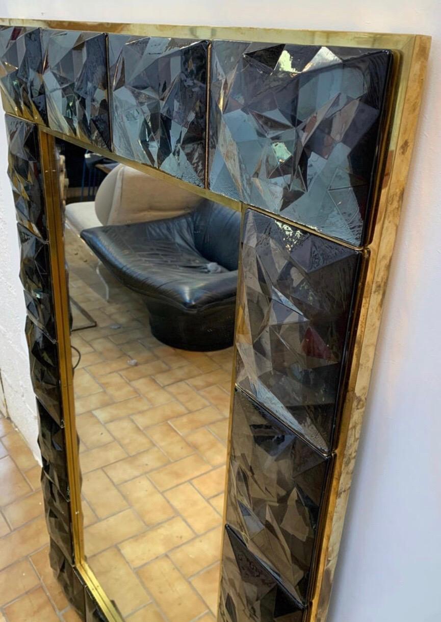 Gorgeous Metal Grey Murano Glass and Brass Mirror, Italy 1