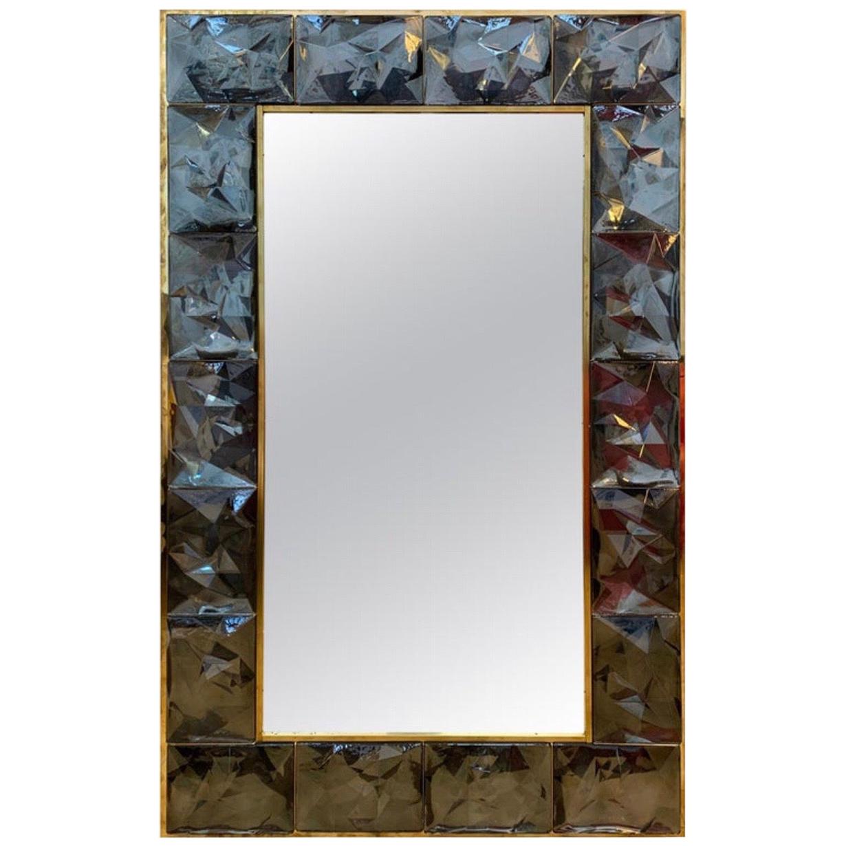 Gorgeous Metal Grey Murano Glass and Brass Mirror, Italy