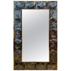 Gorgeous Metal Grey Murano Glass and Brass Mirror, Italy