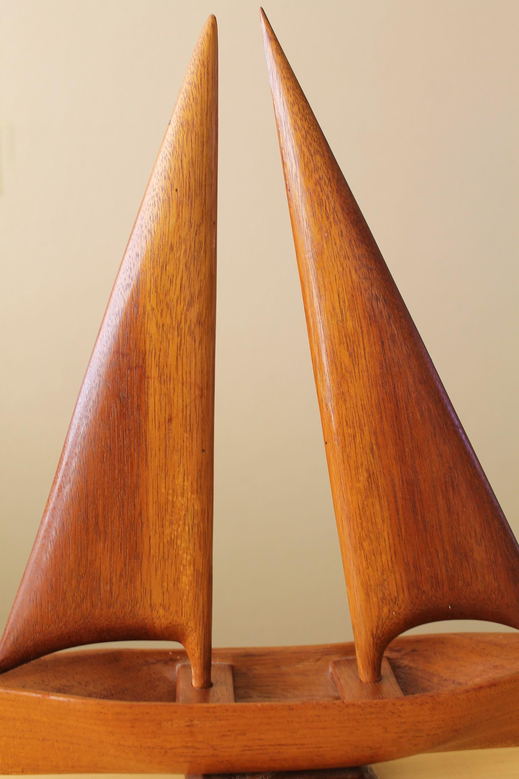 Hand-Carved Gorgeous Mid Century Danish Styled Teak Sailboat Sculpture 1960 For Sale