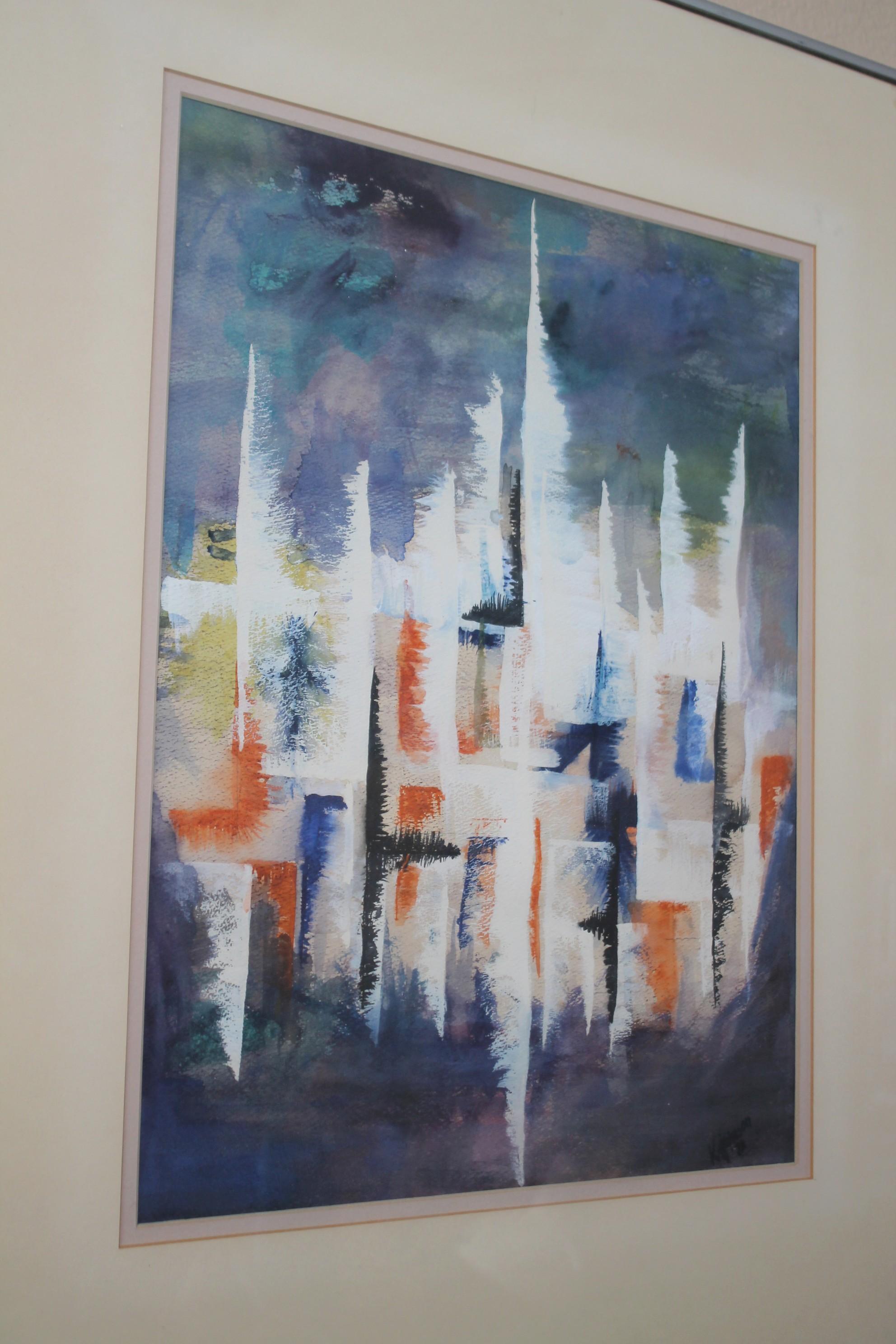 Gorgeous!

Mid Century Modern
Watercolor Painting
By Kay Johnson

1970

This spectacular mid century abstraction has all the right looks and colors to makes an iconic mid century artistic statement! Orange, white, blues and grays work to create a
