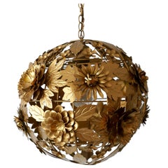 Gorgeous Mid-Century Modern Gilt Metal Floral Pendant Lamp, Germany, 1960s