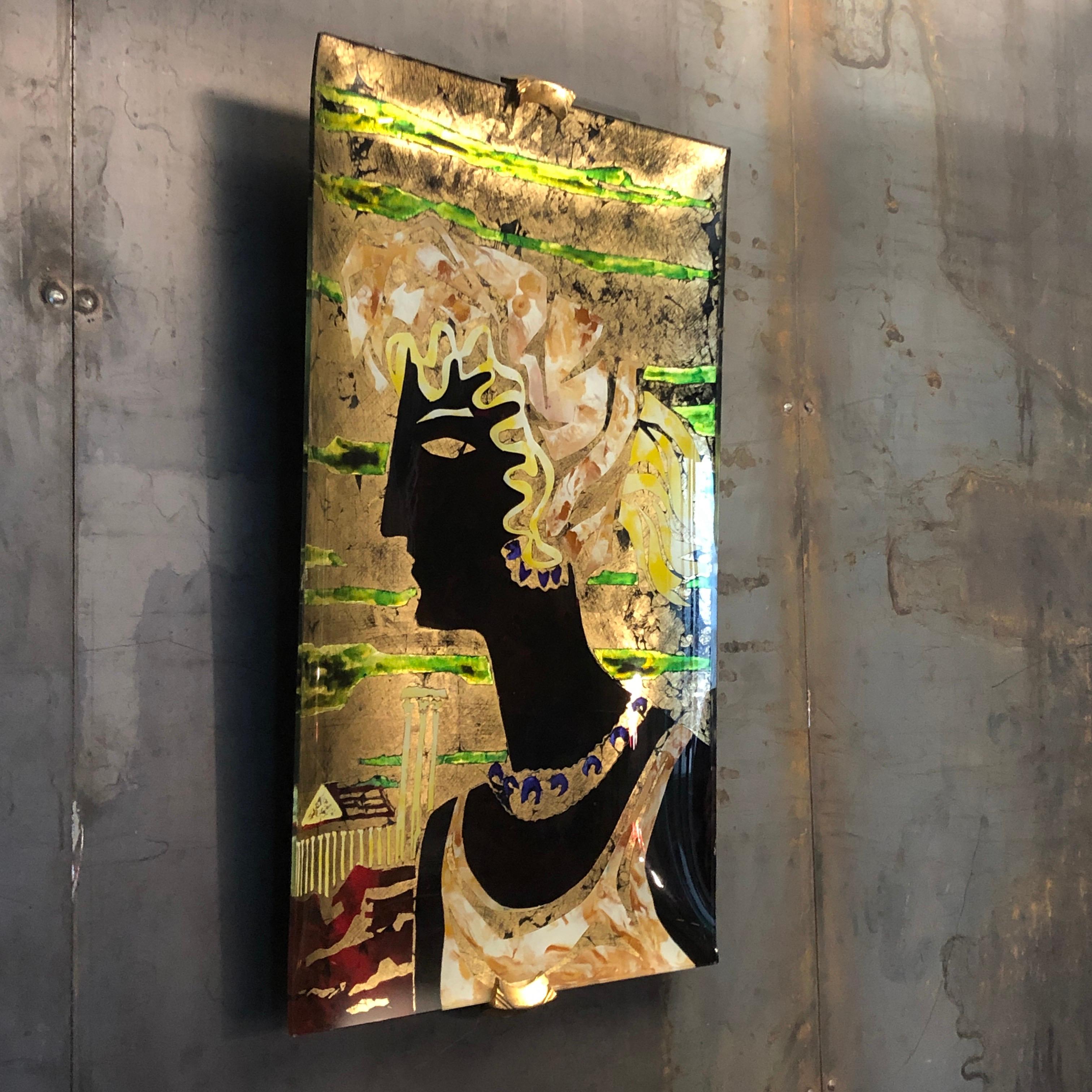 Hand-Painted Gorgeous Mid-Century Modern Italian Reverse Painting on Curved Glass, circa 1950
