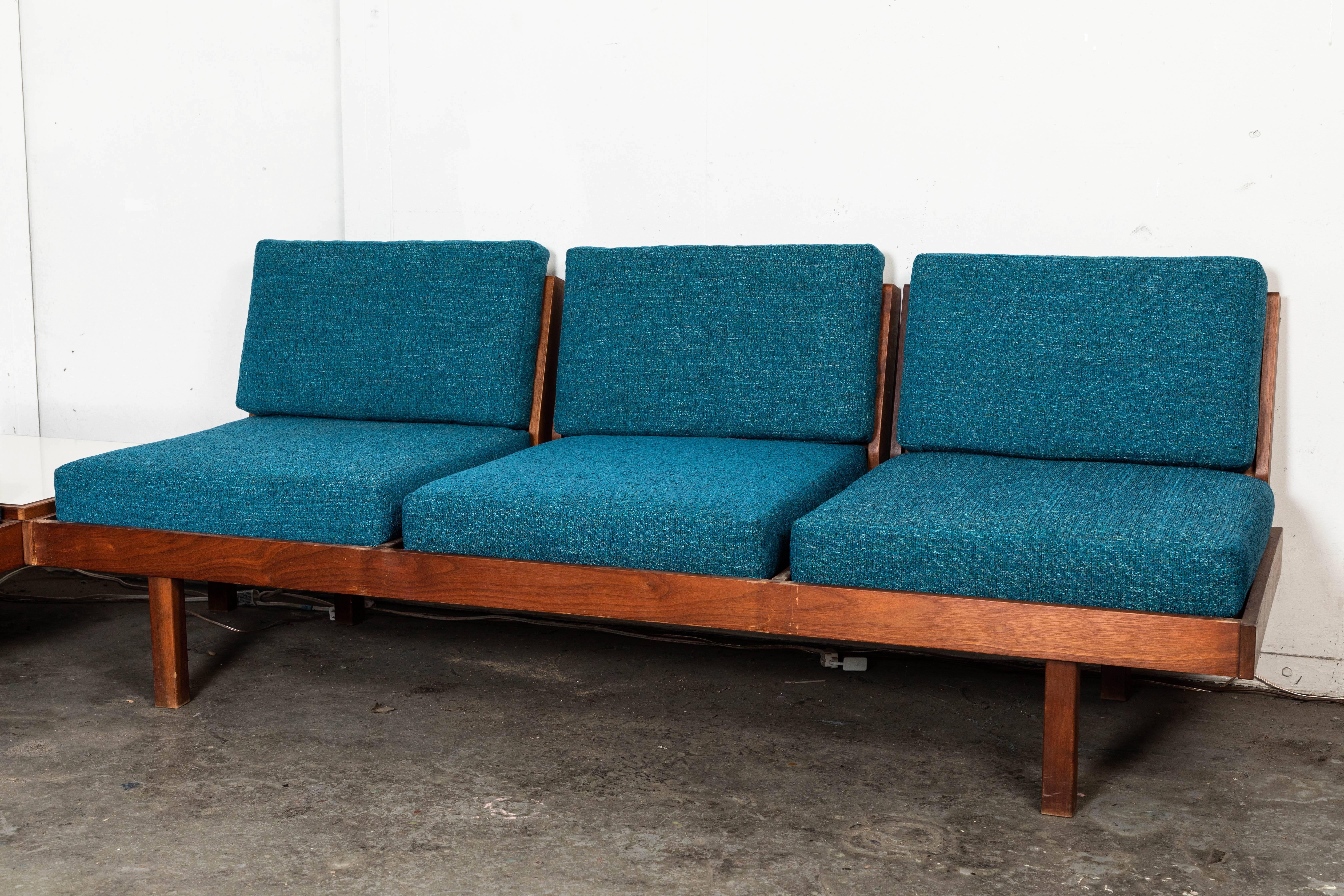 Walnut frame, new foam, cushions, fabric. table can be moved to any position. 

Two pieces.

Large 97 W, 26 D, 27 H, 16 SH

Small 75 W, 26 D, 27 H, 16 SH.

 