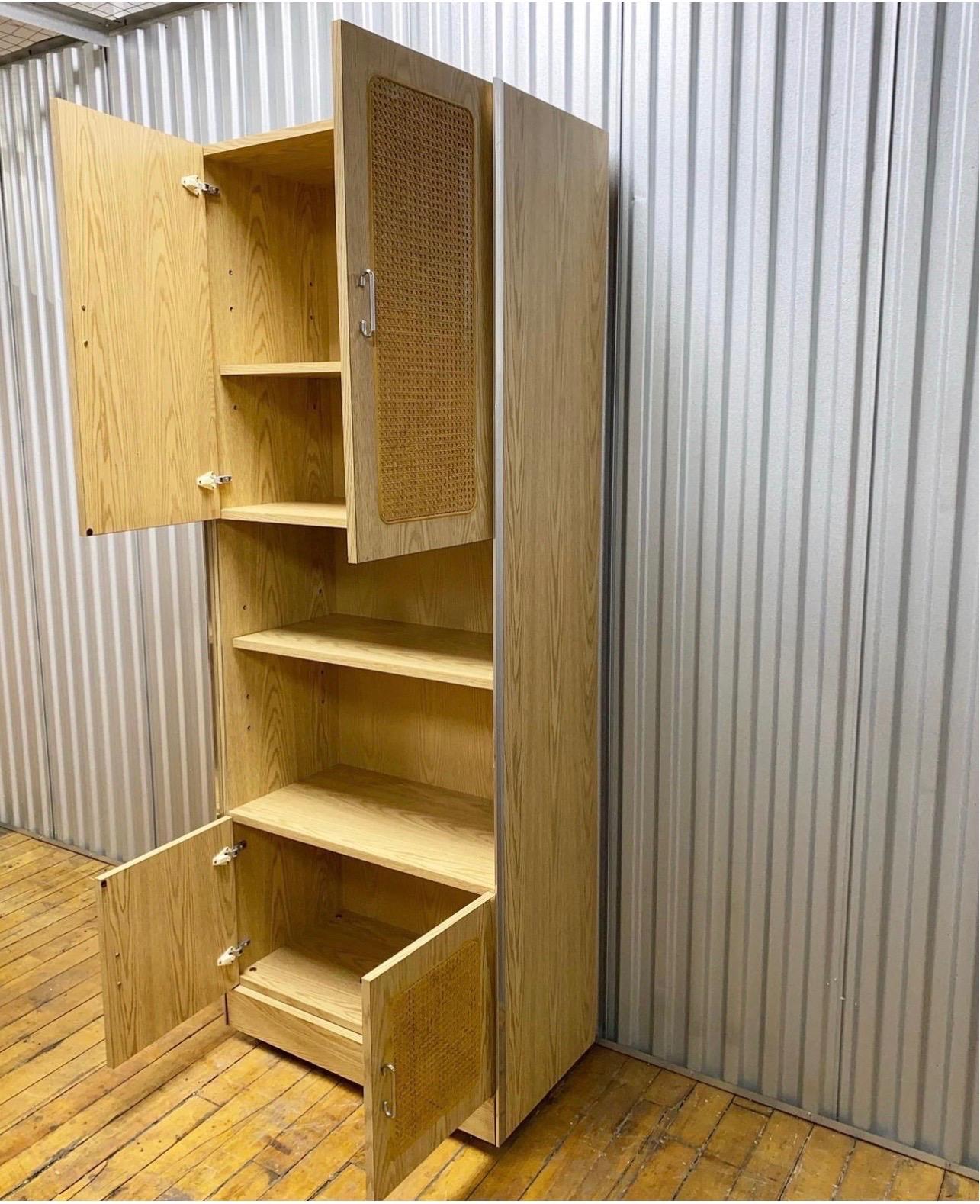 Unknown Gorgeous Mid-Century Oak, Cane & Chrome Wall Unit Featuring Adjustable Shelving  For Sale