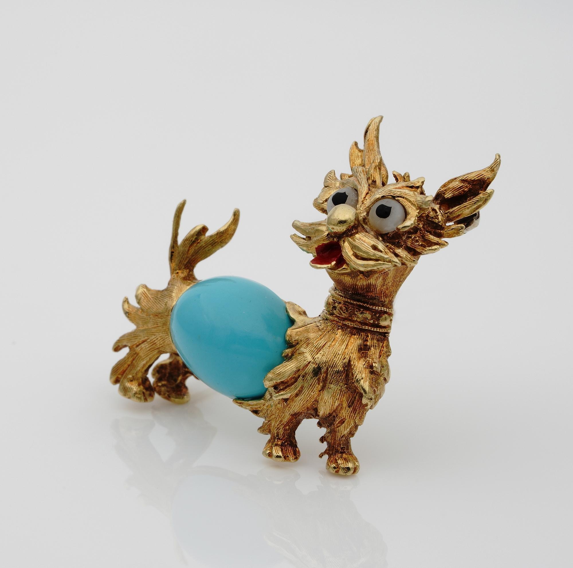 Little Friend

This mid-century brooch is Italian origin 1950 ca
Hand modeled of solid 18 kt gold like a fancy little dog, beautifully made, hand sculptured, the main body consists of a composite Turquoise stone and two little pearls making the