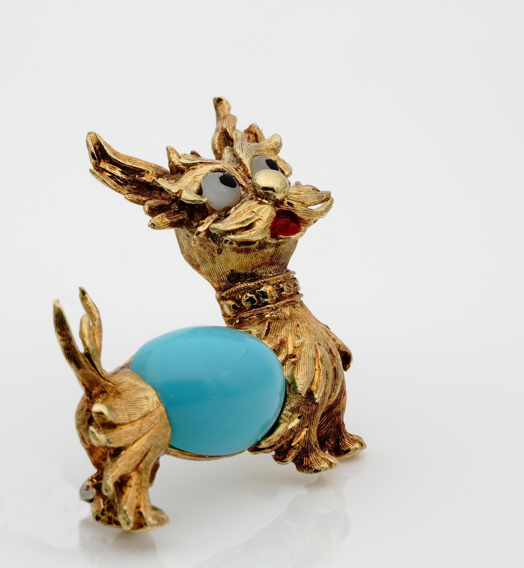 Midcentury Turquoise Dog Brooch 18 Karat In Good Condition For Sale In Napoli, IT
