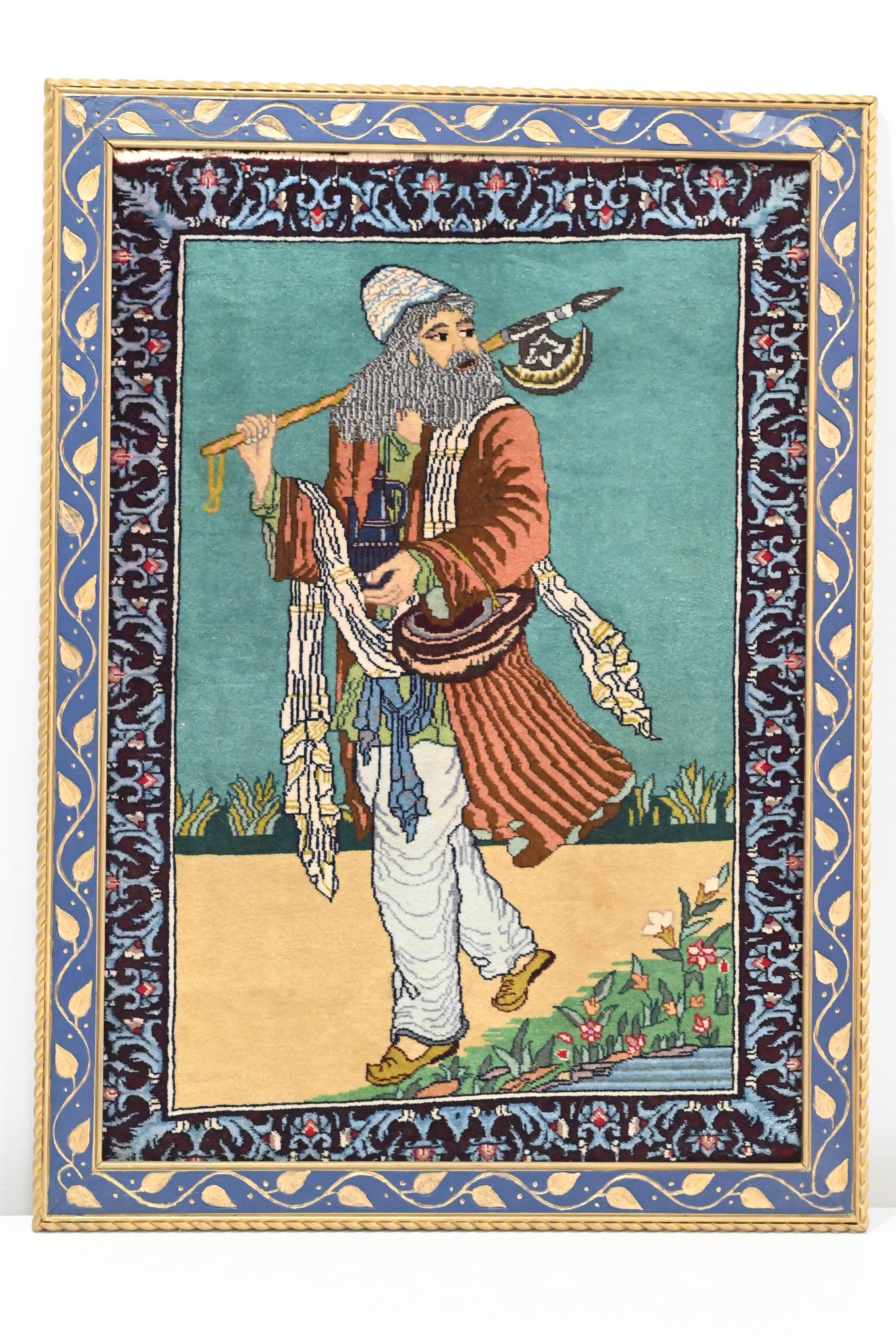 Gorgeous Persian Tabriz carpet with portrait scenery of figure. The figure seems to be holding a ax, while gazing behind him. Wearing a vivid orange outer garment with traditional clothing of the 17th / 18th century of Persia.  The condition is
