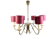 Magnifique lustre en laiton du milieu du siècle, abat-jour en satin, Vintage Italie, années 1950