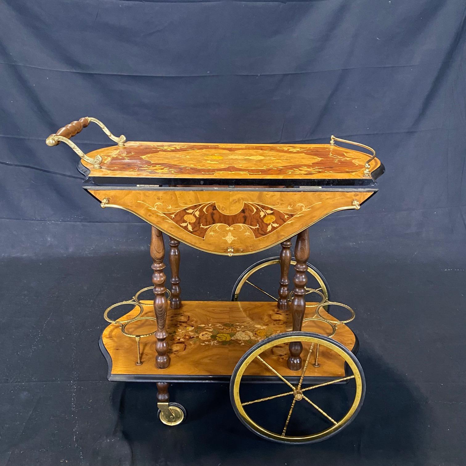Gorgeous Midcentury Italian Marquetry Drop Leaf Bar Cart In Good Condition In Hopewell, NJ