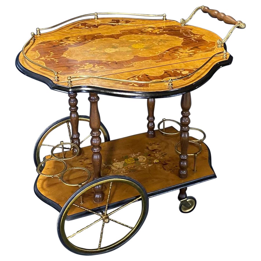 Gorgeous Midcentury Italian Marquetry Drop Leaf Bar Cart