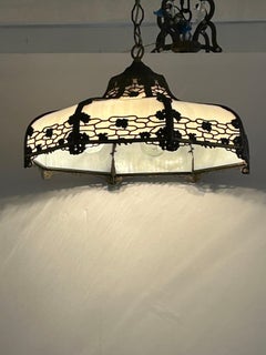 Gorgeous Milk Glass & Bronzed Metal Tiffany Style Chandelier