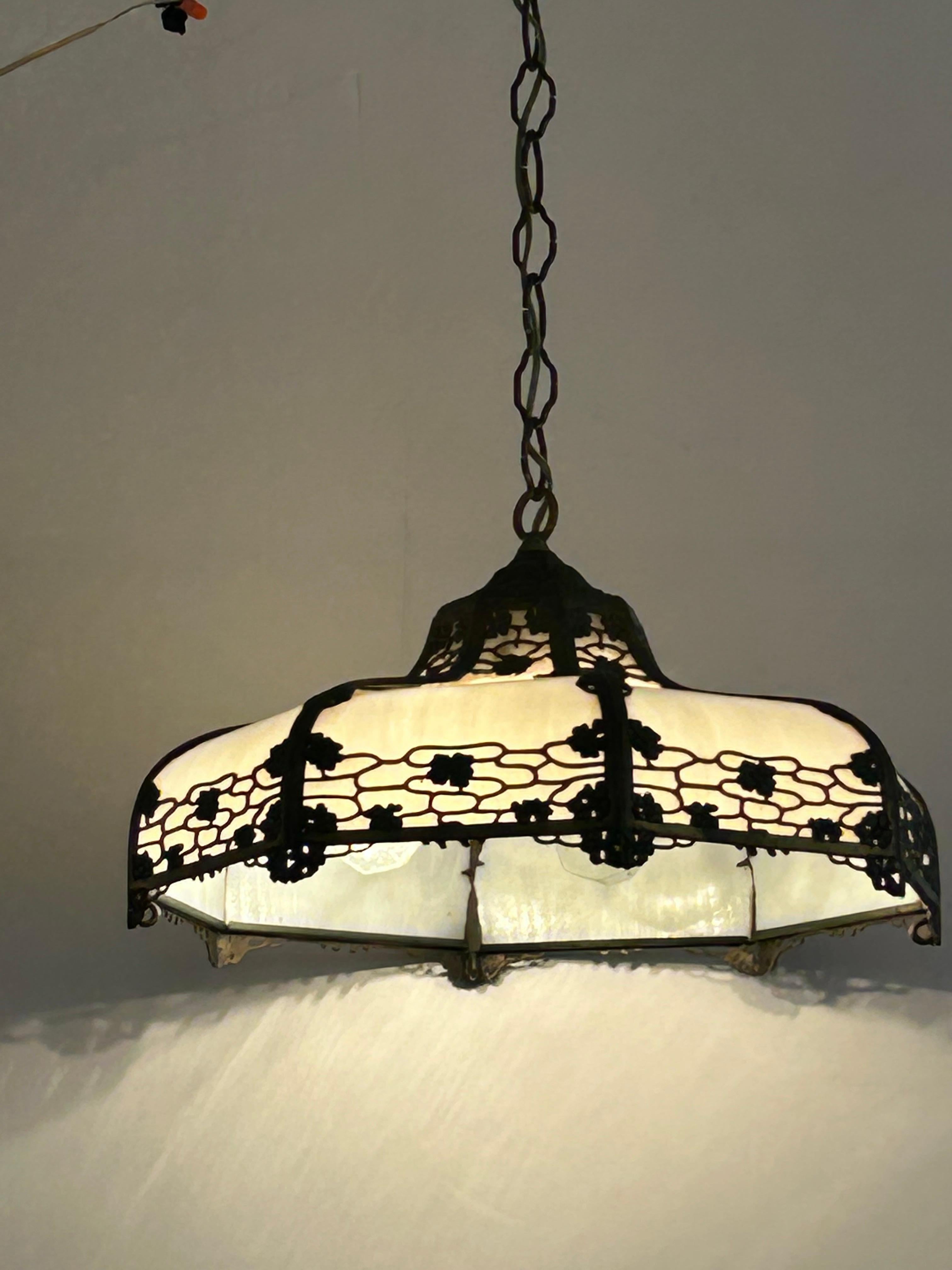 Victorian Gorgeous Milk Glass & Bronzed Metal Tiffany Style Chandelier For Sale