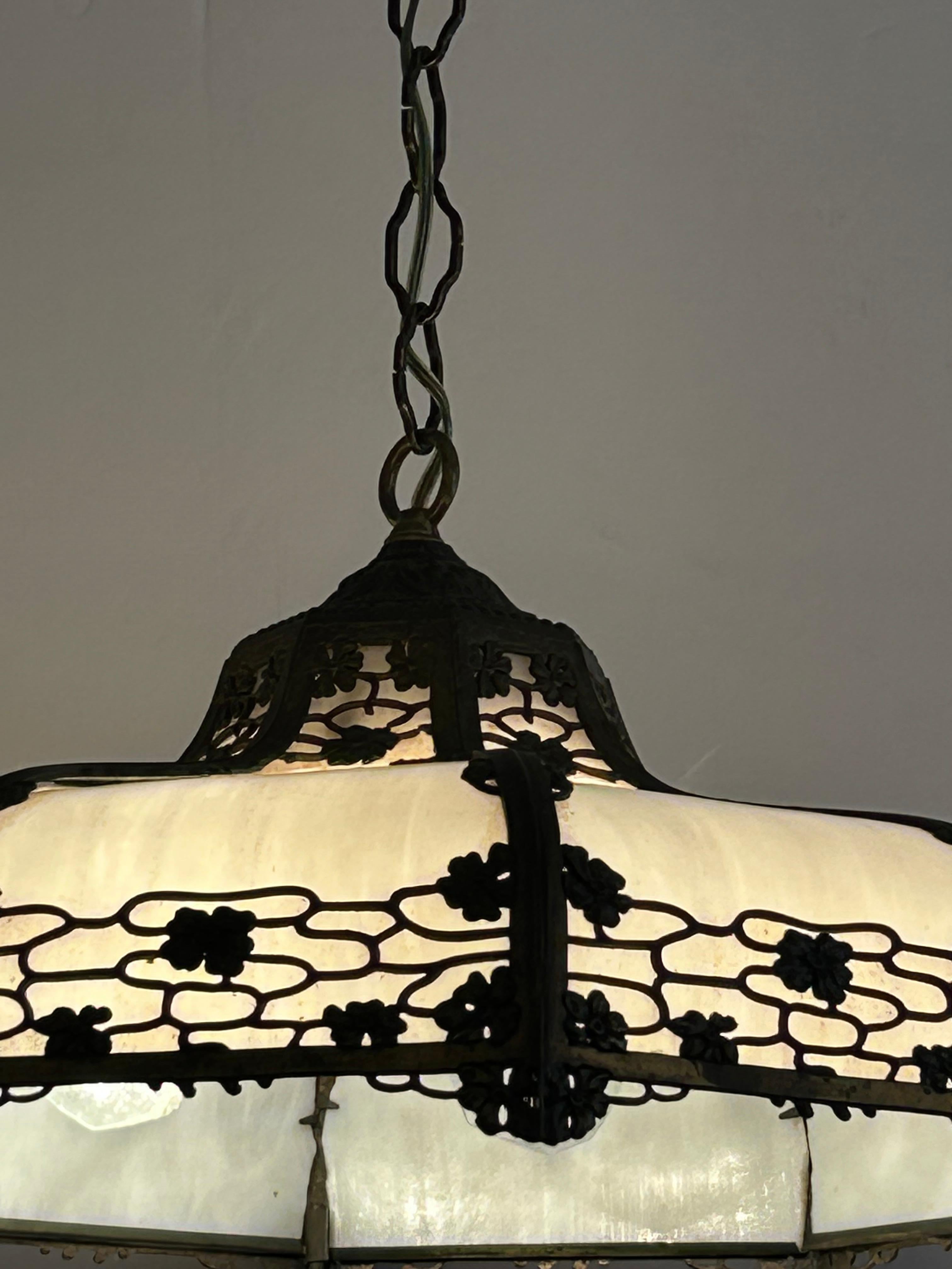 American Gorgeous Milk Glass & Bronzed Metal Tiffany Style Chandelier For Sale
