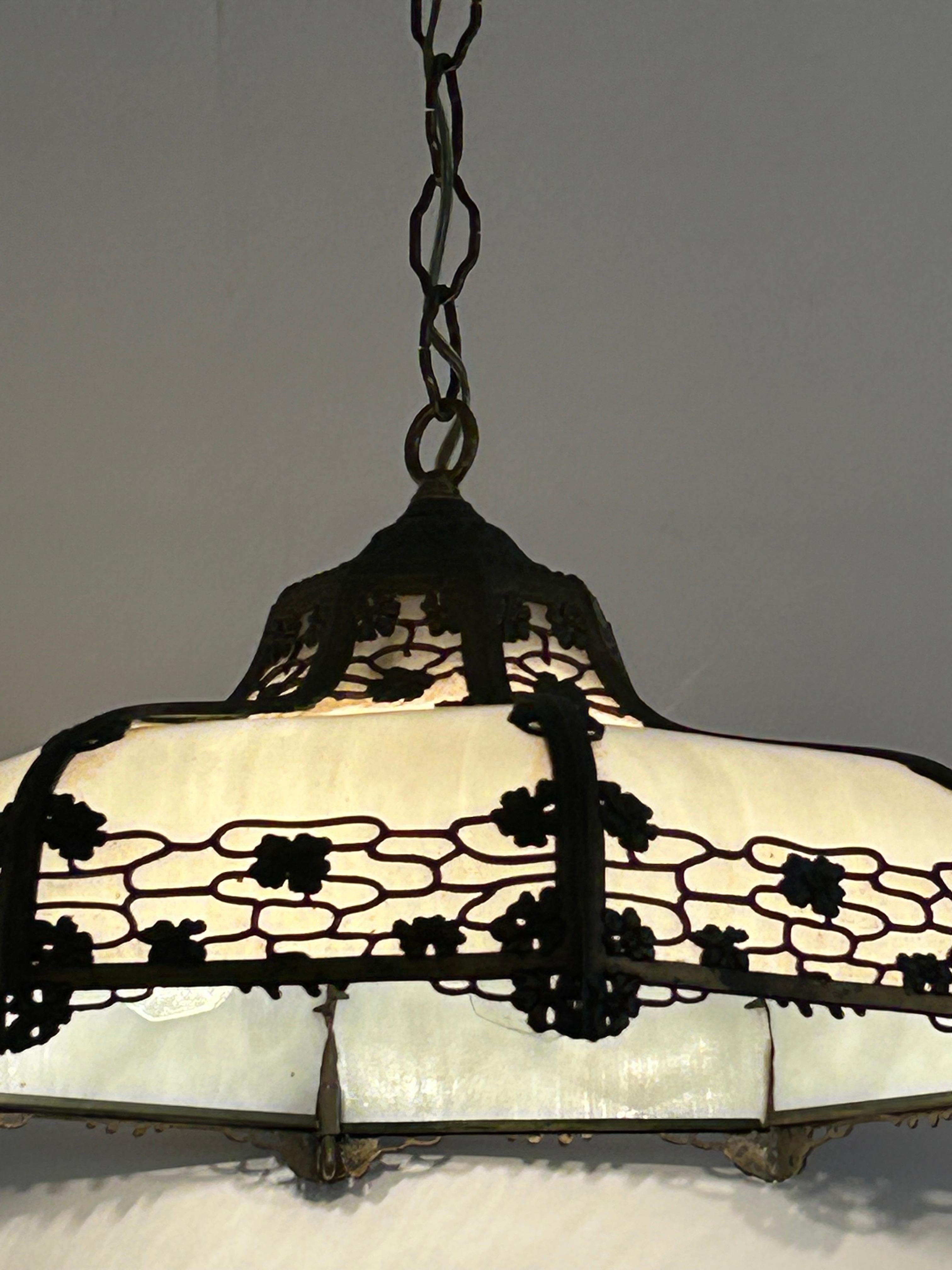Gorgeous Milk Glass & Bronzed Metal Tiffany Style Chandelier In Good Condition For Sale In Hopewell, NJ