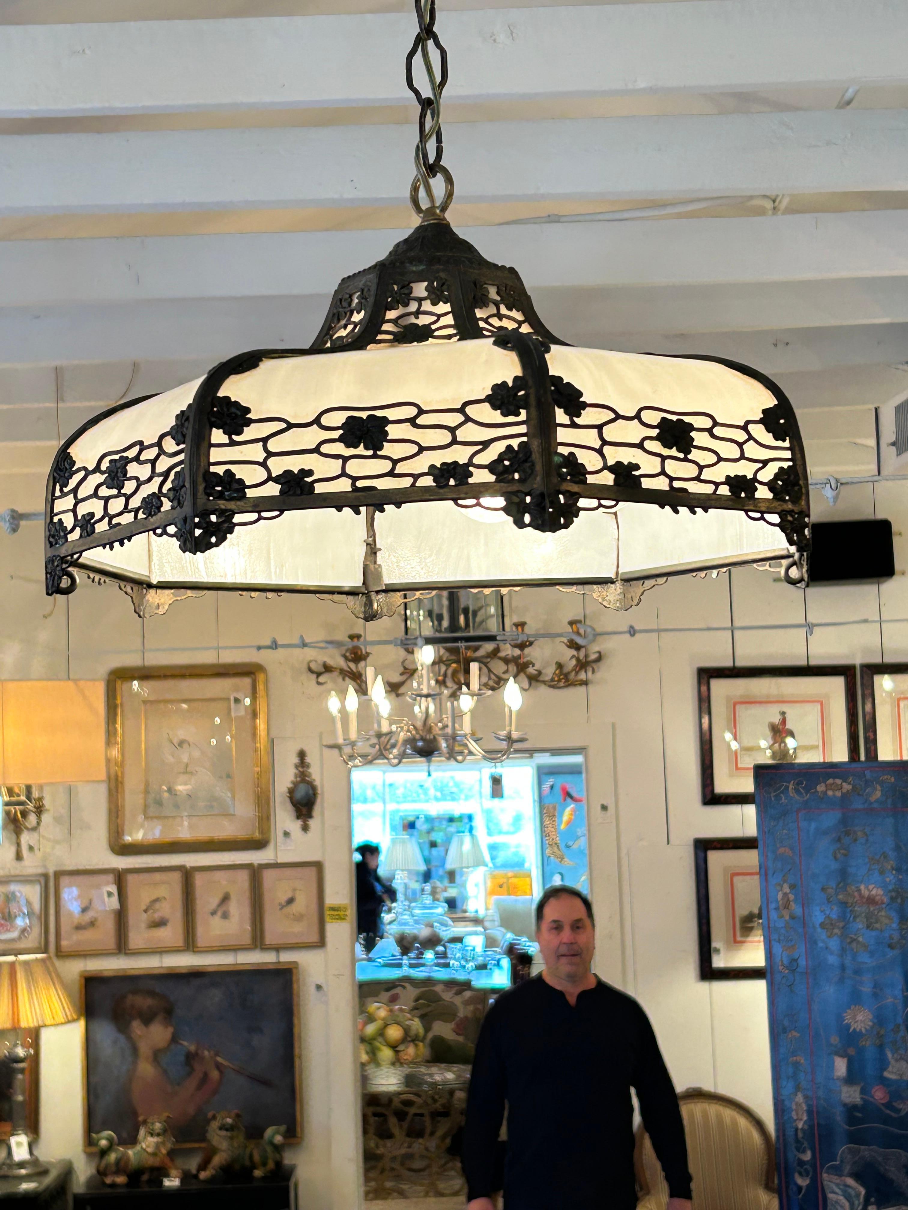 19th Century Gorgeous Milk Glass & Bronzed Metal Tiffany Style Chandelier For Sale