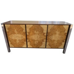 Gorgeous Milo Baughman Style Burled Walnut Chrome Credenza Mid-Century Modern