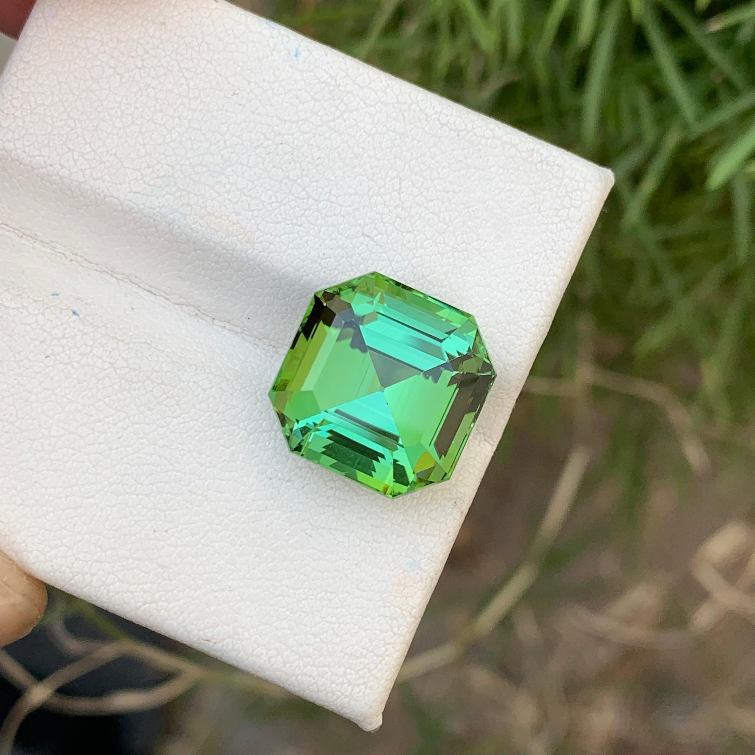 Loose Tourmaline 
Weight: 12.35 Carats 
Dimension: 13.3x13.3x9.8 Mm
Origin: Kunar Afghanistan 
Shape; Square Asscher 
Color: Green With Lagoon Shade
Treatment: Non
Certificate: On Customer Demand 
Quality: Loupe Clean 
Mint green tourmaline is a