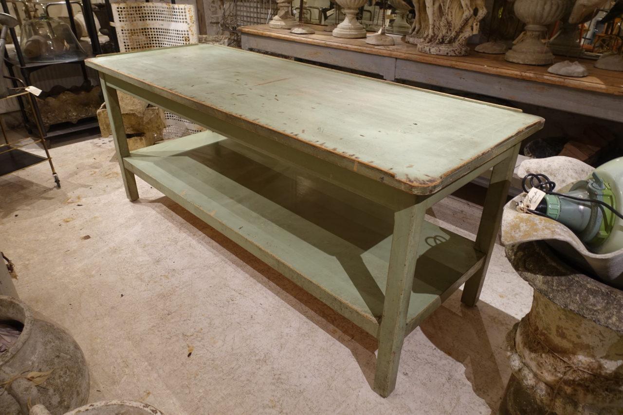 Delightful vintage 1950s French working / planting long refectory-like table, with gorgeous chalky pale mint green paint work and perfect surface patina. Provenance – a French plant nursery near Lyon, and one can just see the gardeners planting