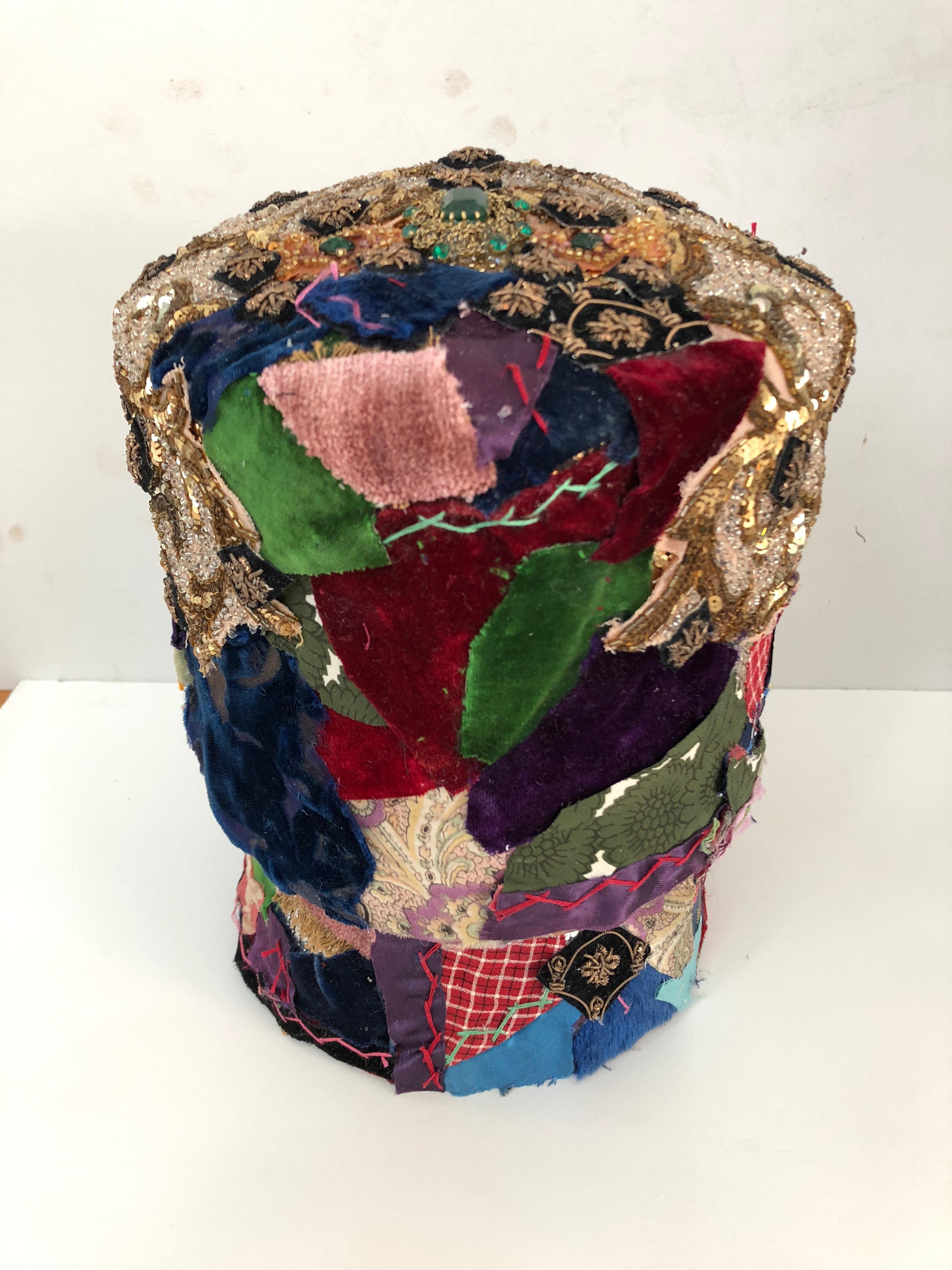 American Gorgeous Mixed-Media Crazy Quilt and Gold Lame Head Sculpture For Sale