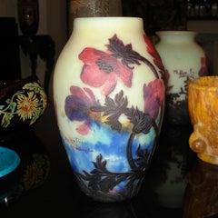 Gorgeous Muller Frères Vase in Cameo Glass with a Rare Polichrome Anemone Decor