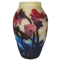 Gorgeous Muller Frères Vase in Cameo Glass with a Rare Polichrome Anemone Decor