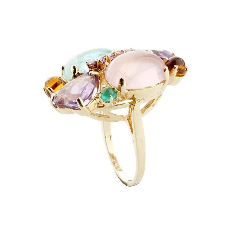 Contemporary Gorgeous Multi-Color Gemstone Cluster Ring in Yellow Gold For Sale