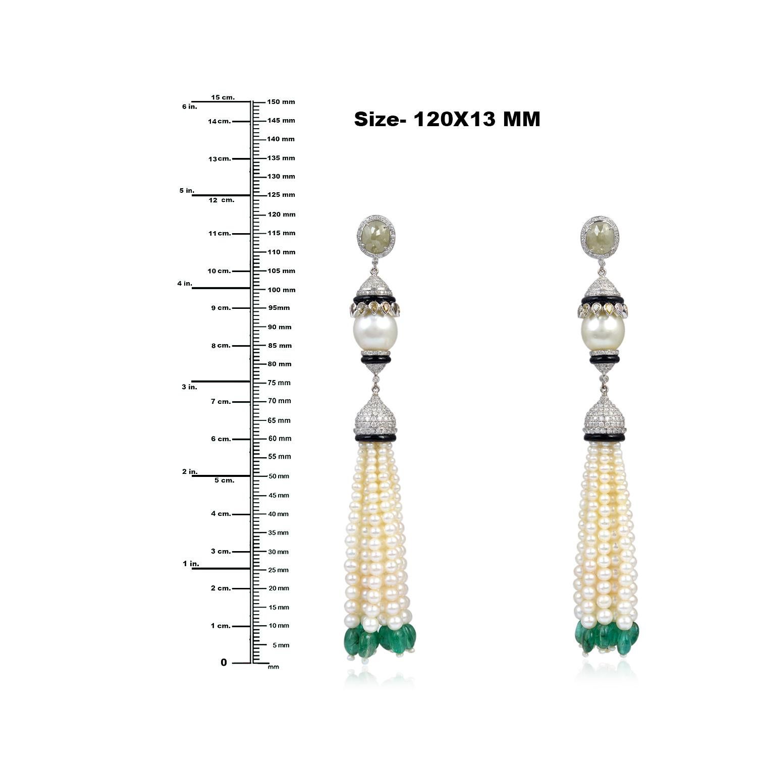 Modern Gorgeous Multi Gemstone Pearl Tassel Earring With Diamonds In 18K White Gold For Sale