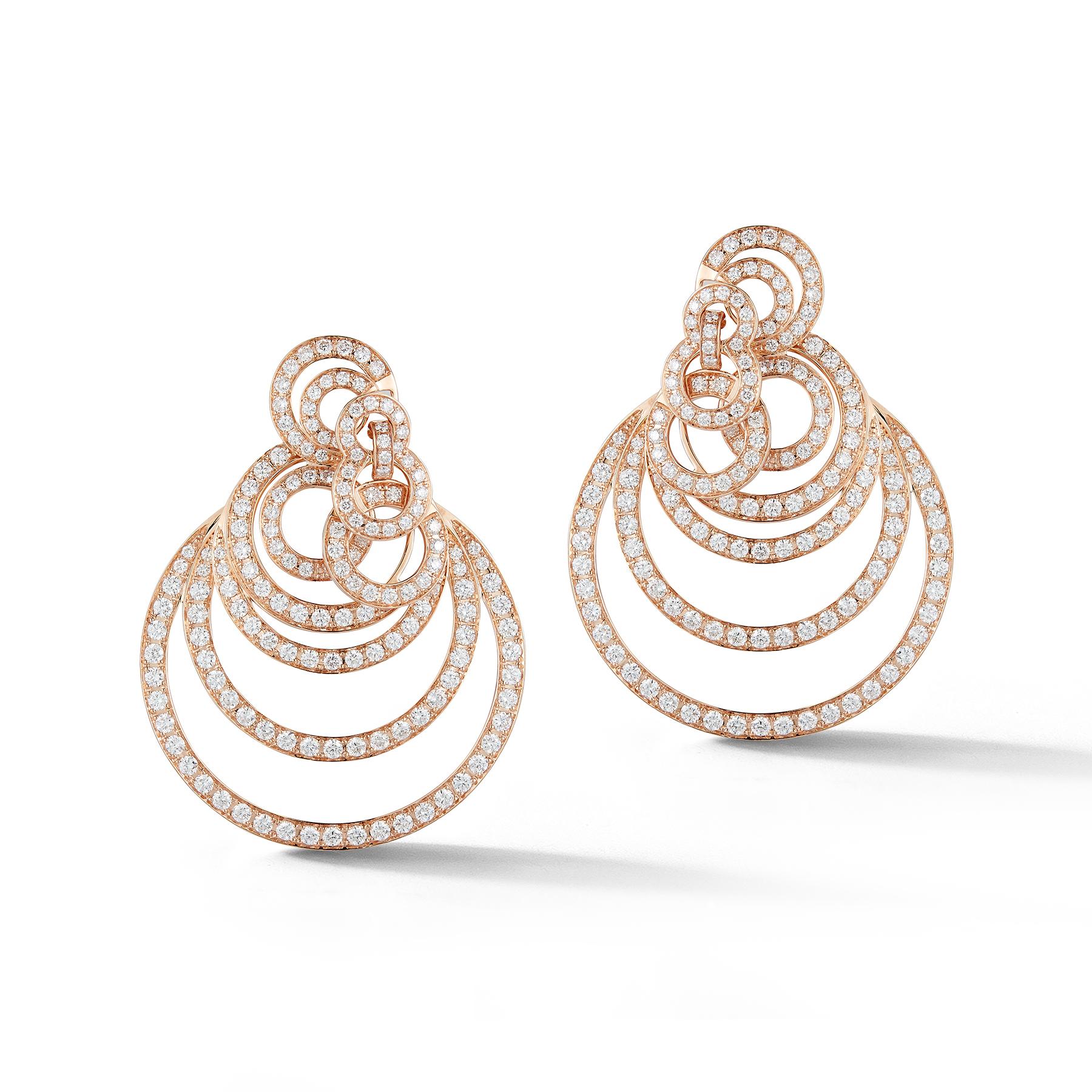 Modern yet Classic, Gorgeous Statement Earrings, Multi-layered 18K Pink Gold Hoops laden with 320 Flawless White Round Diamonds weighing 2.86 Carats.