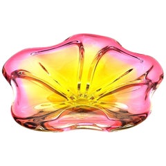 Gorgeous Murano Art Glass Sommerso Bowl Pink Yellow and Clear Vintage, Italy